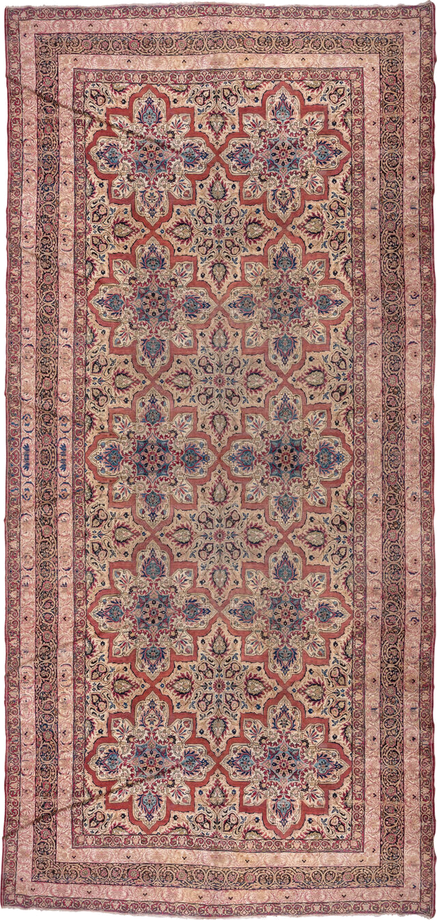 9' x 21' one-of-a-kind handmade vintage Lavar rug. Color palette: blue, brown, fiord, gray, off-white, orange, pink, red