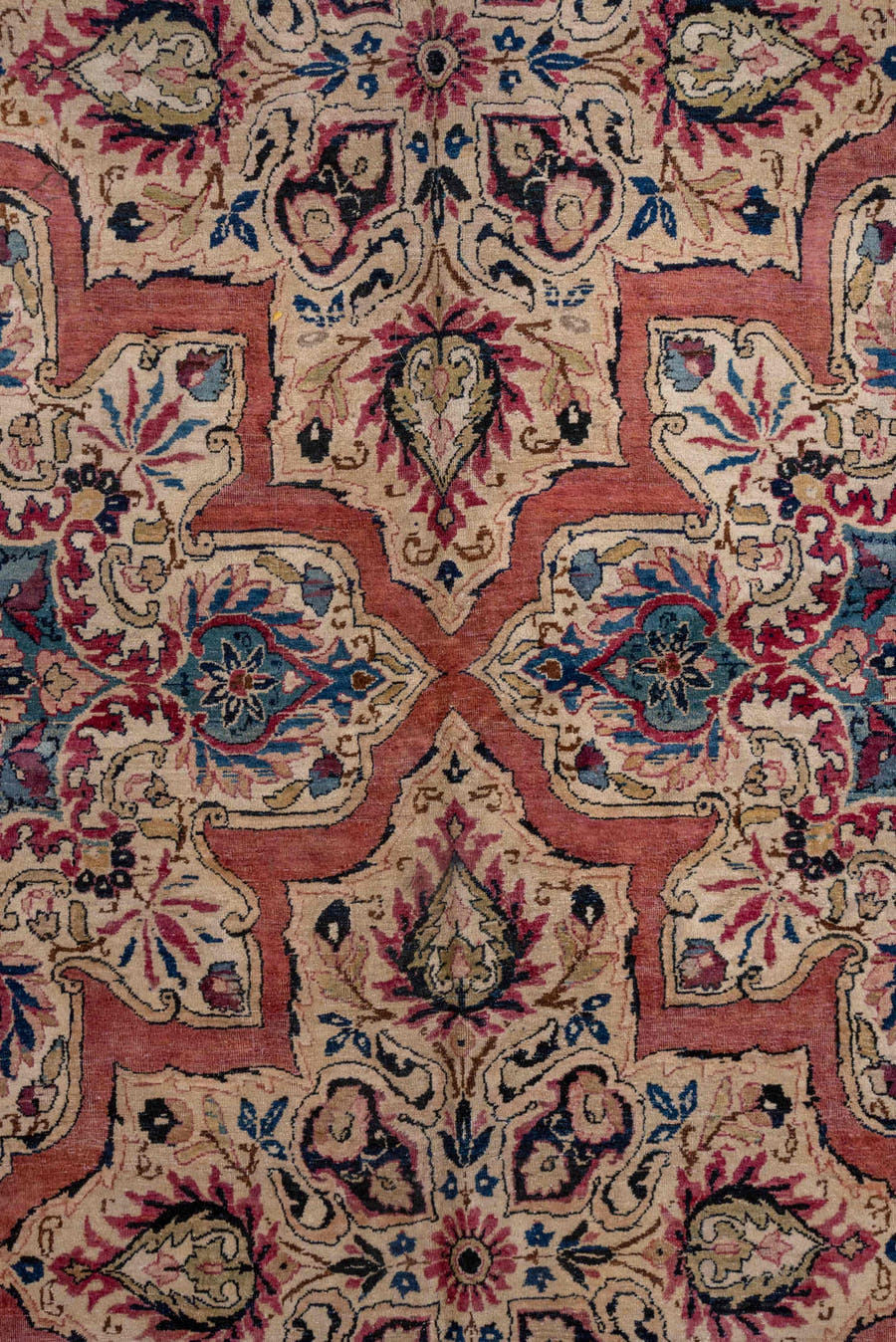 9' x 21' one-of-a-kind handmade antique Lavar rug. Color palette: rose, ivory, burgundy, indigo, dusty blue, blush, taupe