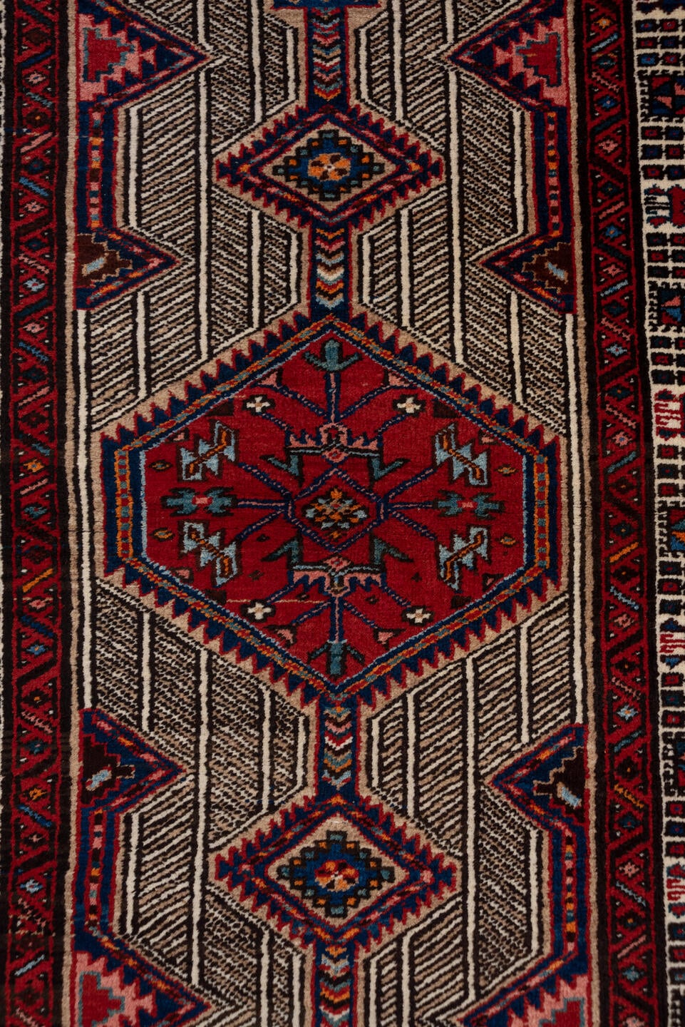 3' x 17' one-of-a-kind handmade vintage Sarab runner rug. Color palette: ivory, rust, indigo, soft_blue, brown, burgundy