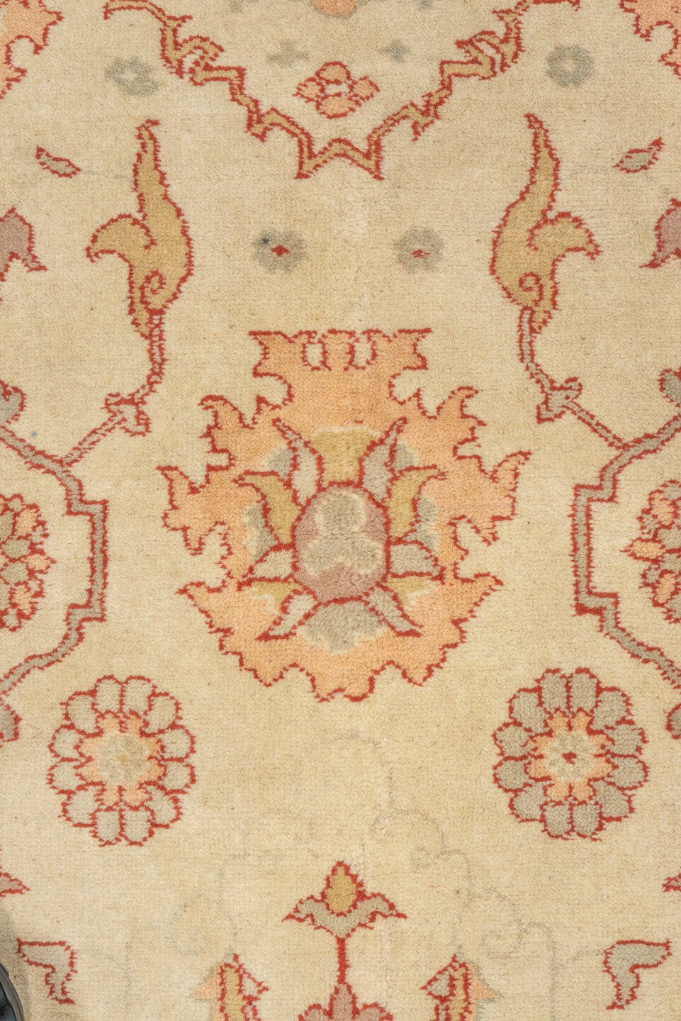 7' x 10' one-of-a-kind handmade vintage Oushak large size rug. Color palette: ivory, blush, peach, taupe, sand, rose, pink