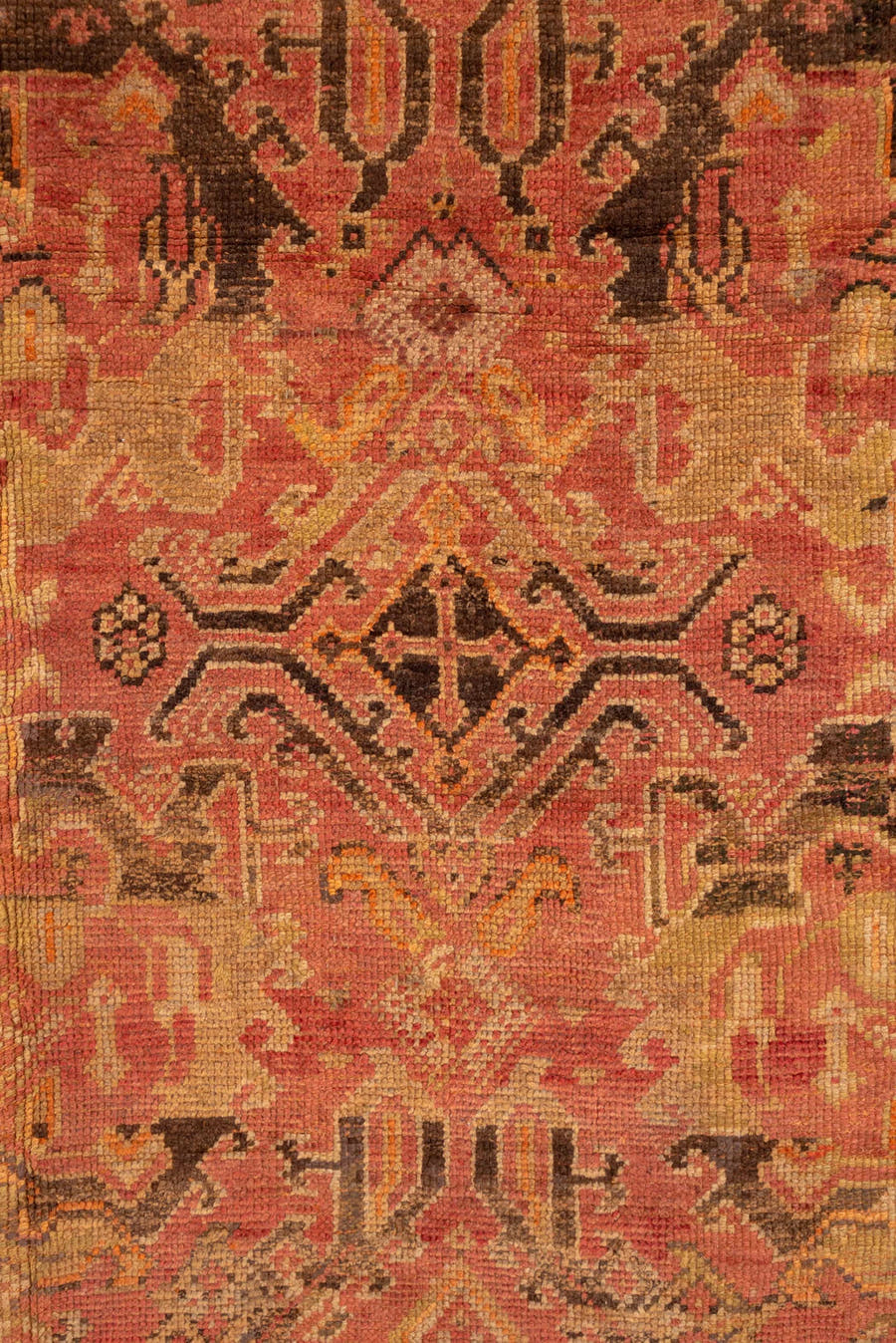 16' x 28' one-of-a-kind handmade antique Oushak oversize rug. Color palette: terra cotta, salmon, gold, rust, camel, brown