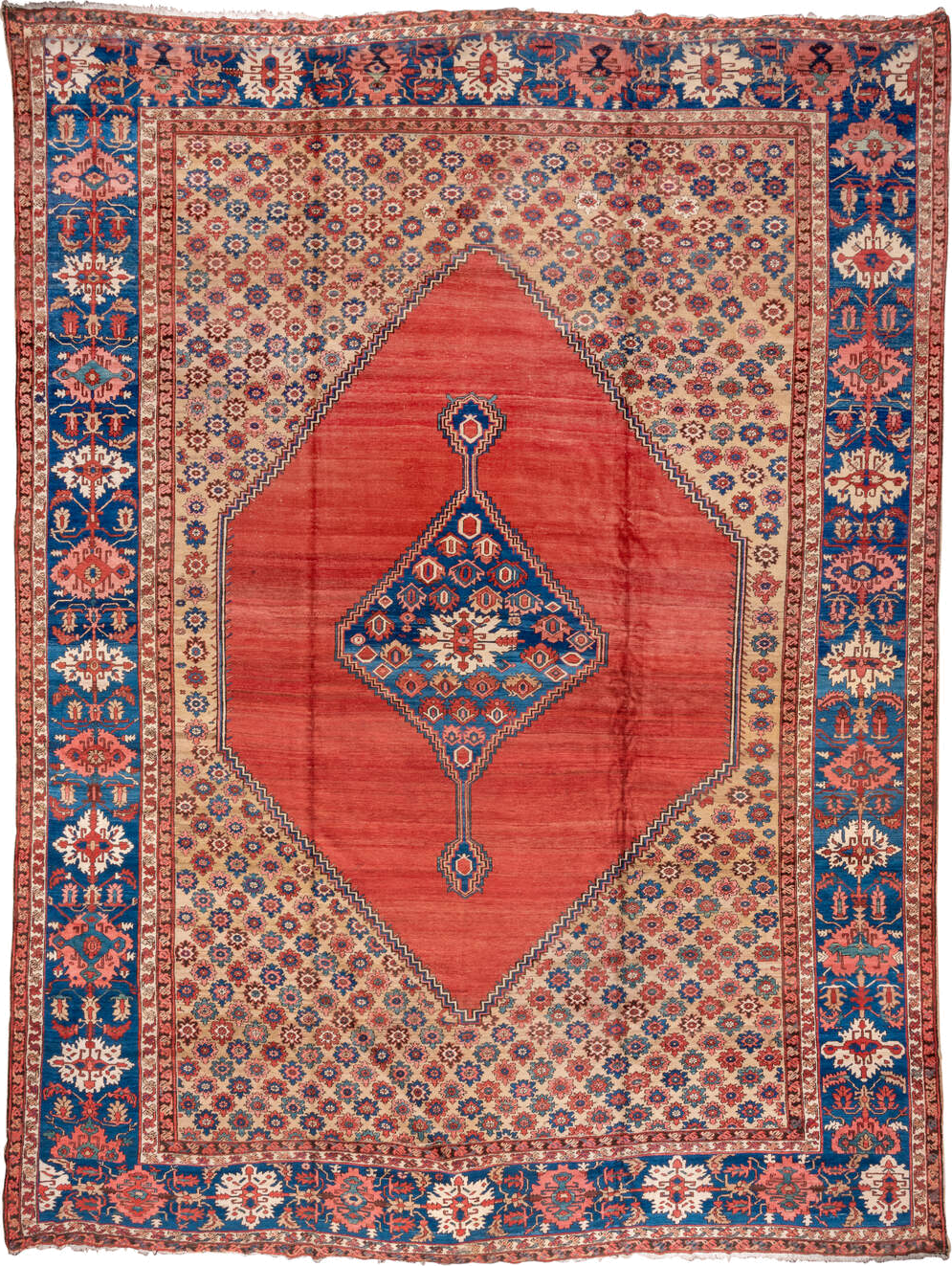 15' x 20' one-of-a-kind handmade vintage Serapi oversize rug. Color palette: blue, brown, fire brick, gray, indian red