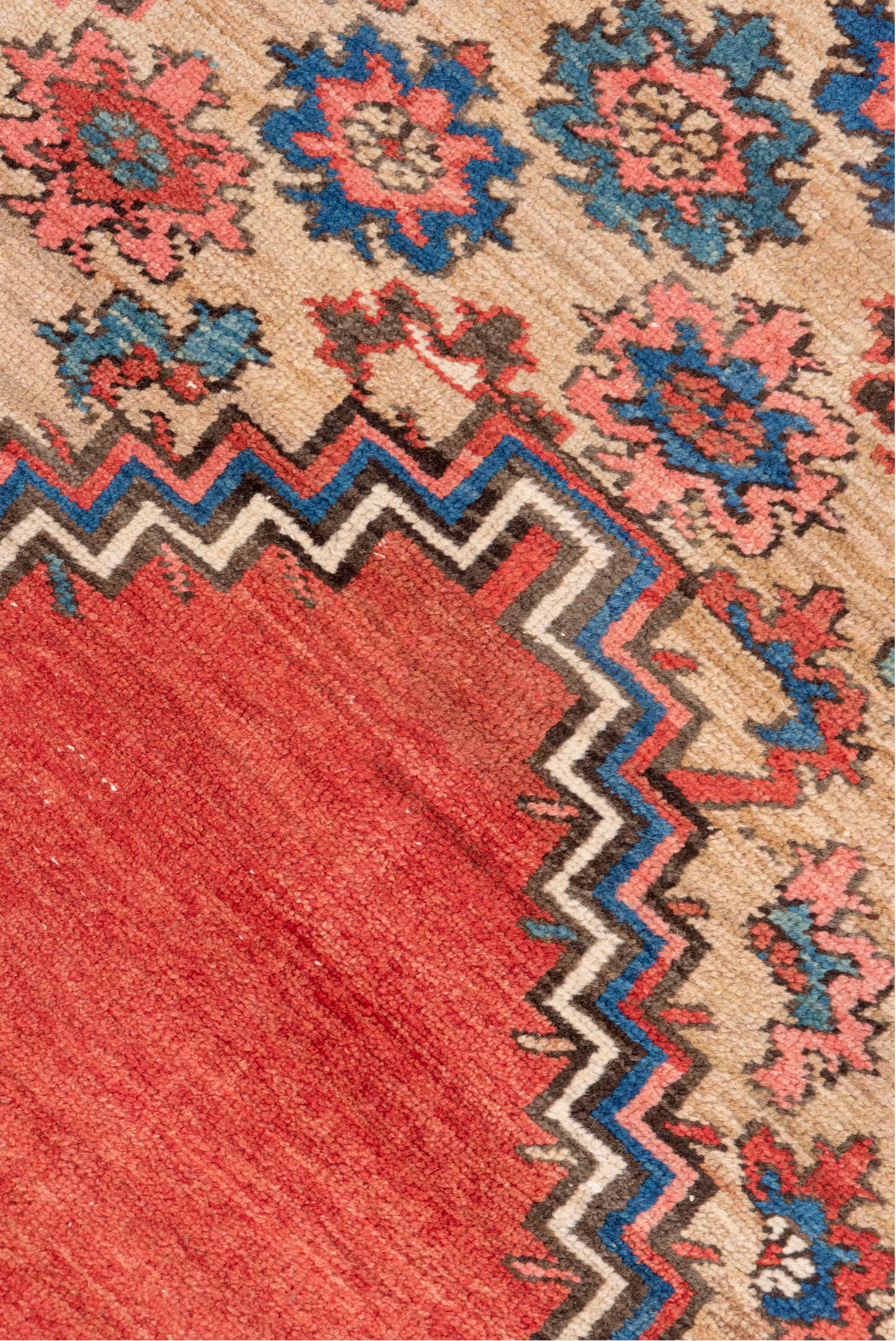 15' x 20' one-of-a-kind handmade vintage Serapi oversize rug. Color palette: blue, brown, fire brick, gray, indian red