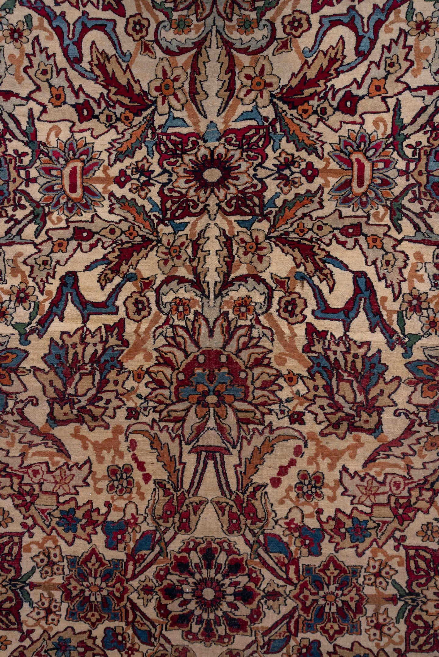 11' x 15' one-of-a-kind handmade antique Lavar oversize rug. Color palette: ivory, indigo, rust, burgundy, camel, navy, rose