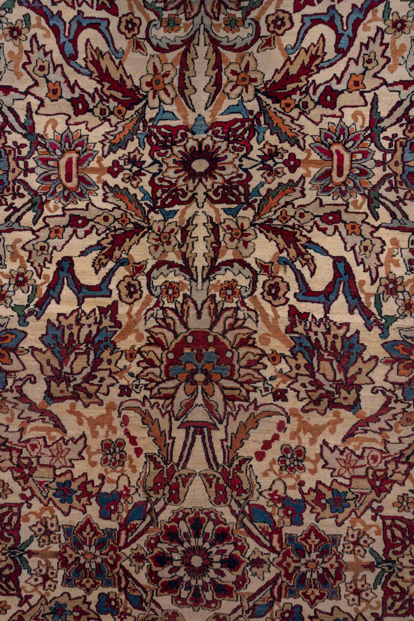 11' x 15' one-of-a-kind handmade antique Lavar oversize rug. Color palette: ivory, indigo, rust, burgundy, camel, navy, rose