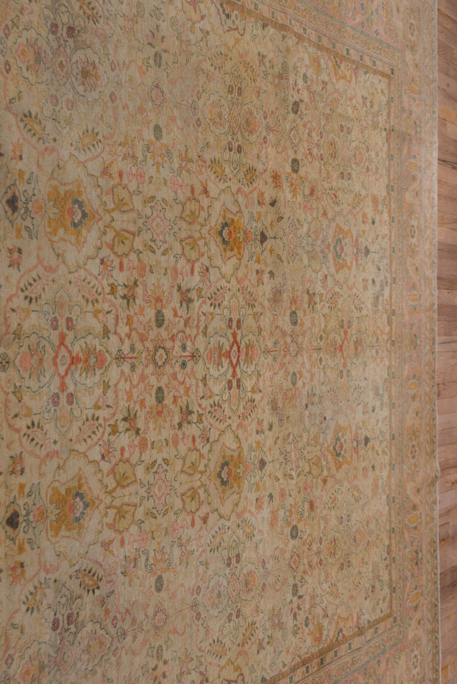 8' x 12' one-of-a-kind handmade antique Sivas large size rug. Color palette: ivory, salmon, taupe, dusty rose, sage, gold