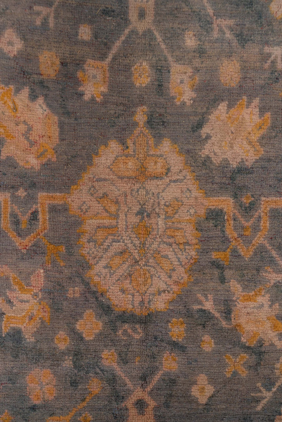 11' x 14' one-of-a-kind handmade antique Oushak oversize rug. Color palette: ivory, slate, gold, peach, taupe, saffron