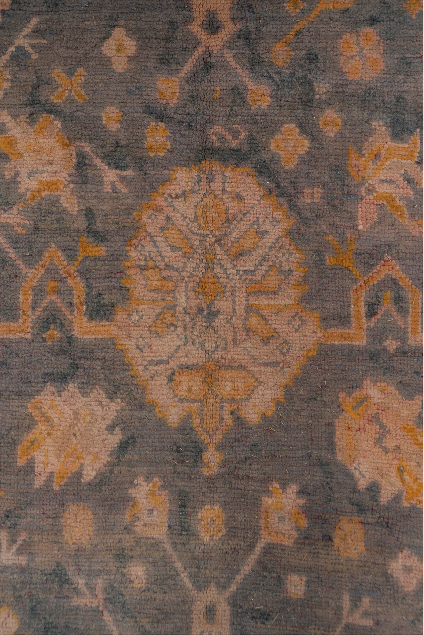 11' x 14' one-of-a-kind handmade antique Oushak oversize rug. Color palette: ivory, slate, gold, peach, taupe, saffron