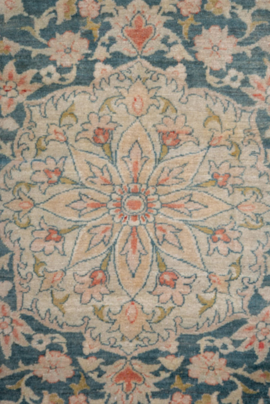 8' x 11' one-of-a-kind handmade antique Sivas large size rug. Color palette: ivory, peach, muted blue, sage, taupe, gold