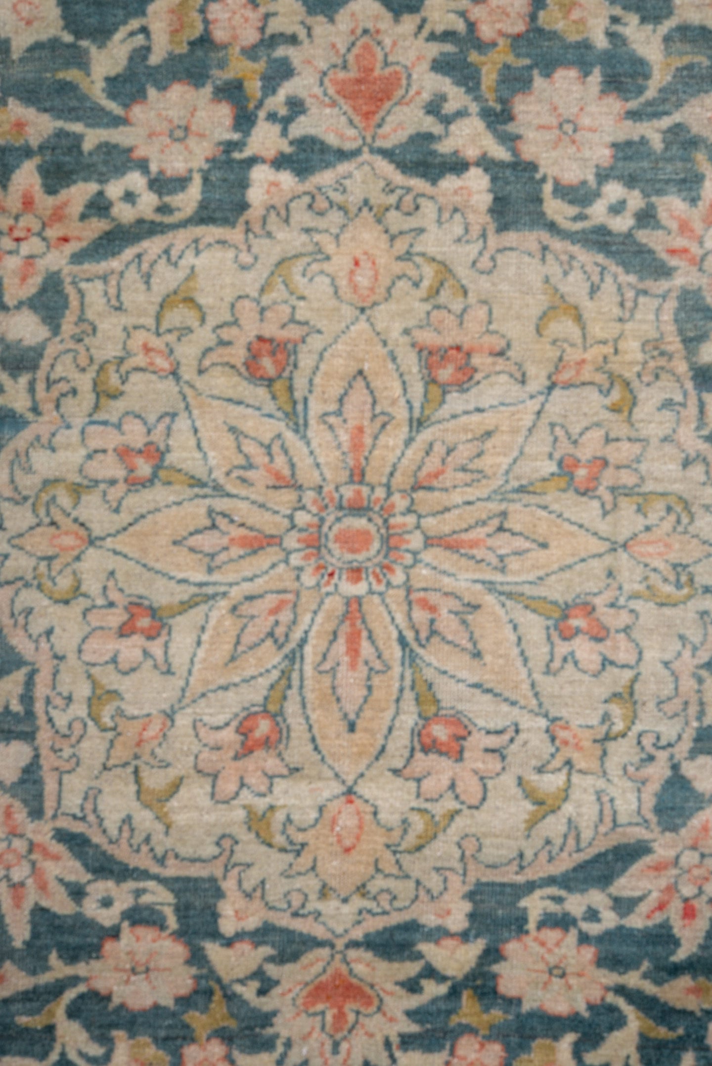 8' x 11' one-of-a-kind handmade antique Sivas large size rug. Color palette: ivory, peach, muted blue, sage, taupe, gold