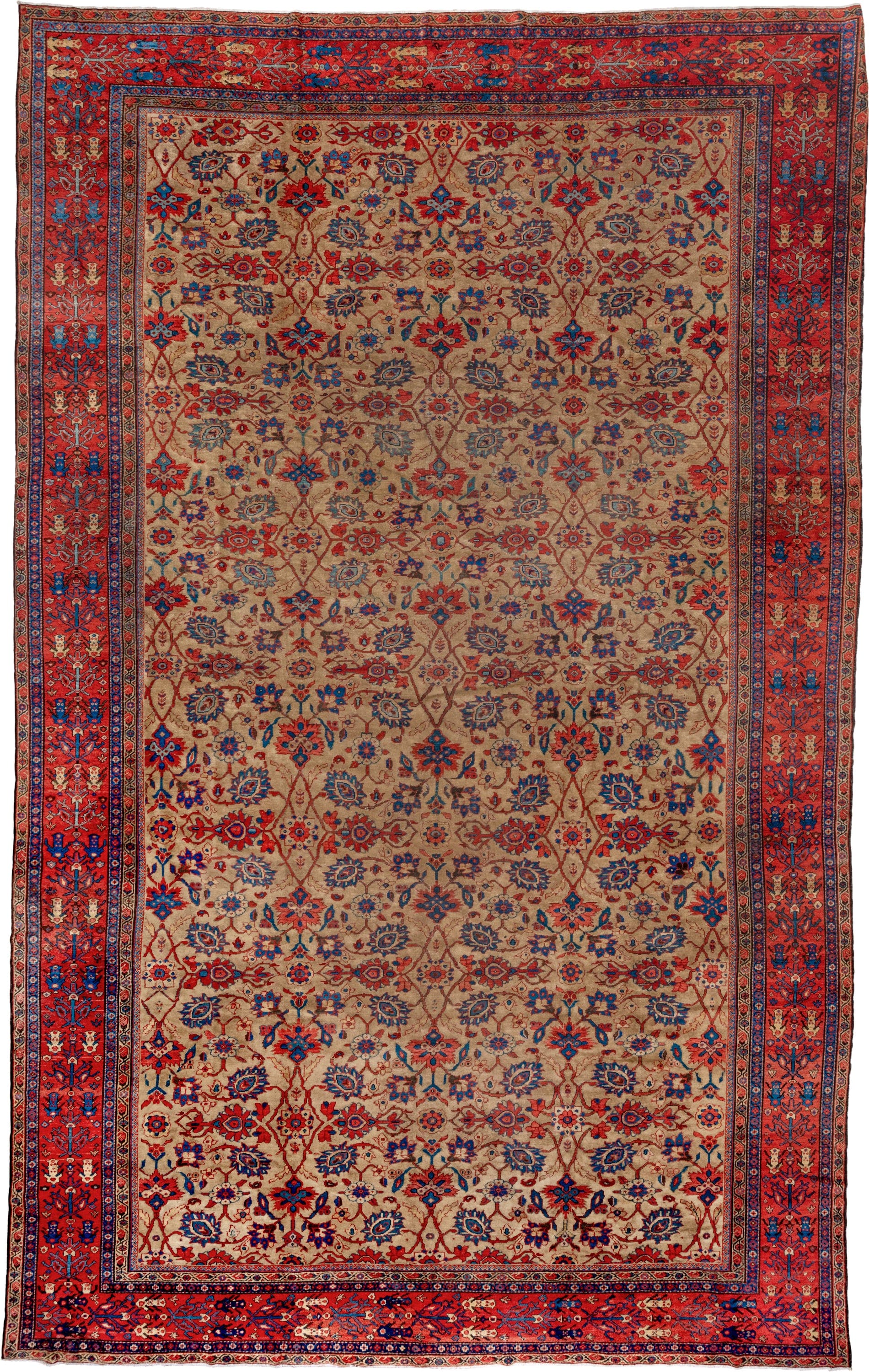 12' x 19' one-of-a-kind handmade antique Sultanabad oversize rug. Color palette: camel, rust, indigo, ivory, crimson, navy