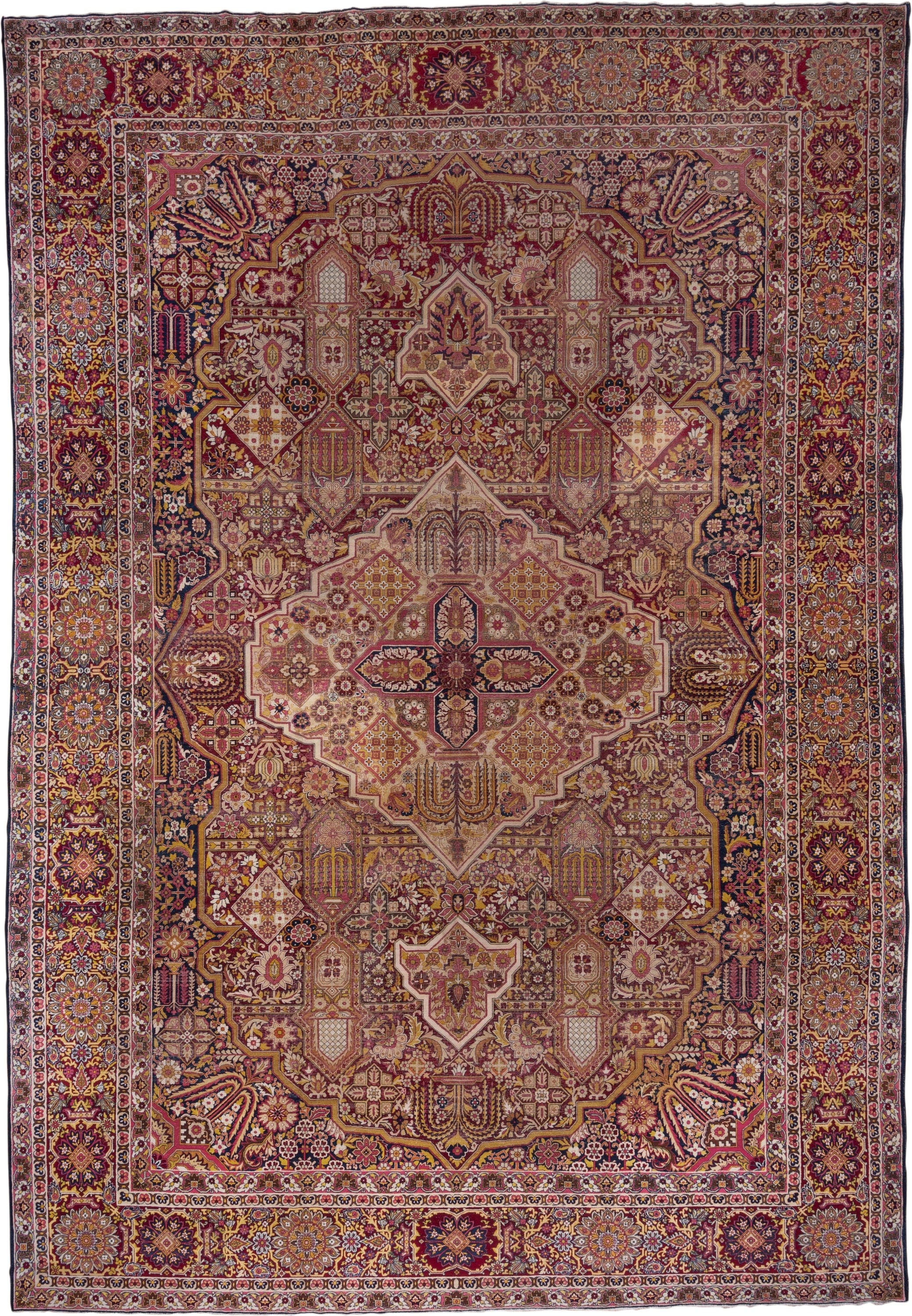 11' x 17' one-of-a-kind handmade antique Lavar oversize rug. Color palette: burgundy, ivory, navy, rose, gold, rust, camel