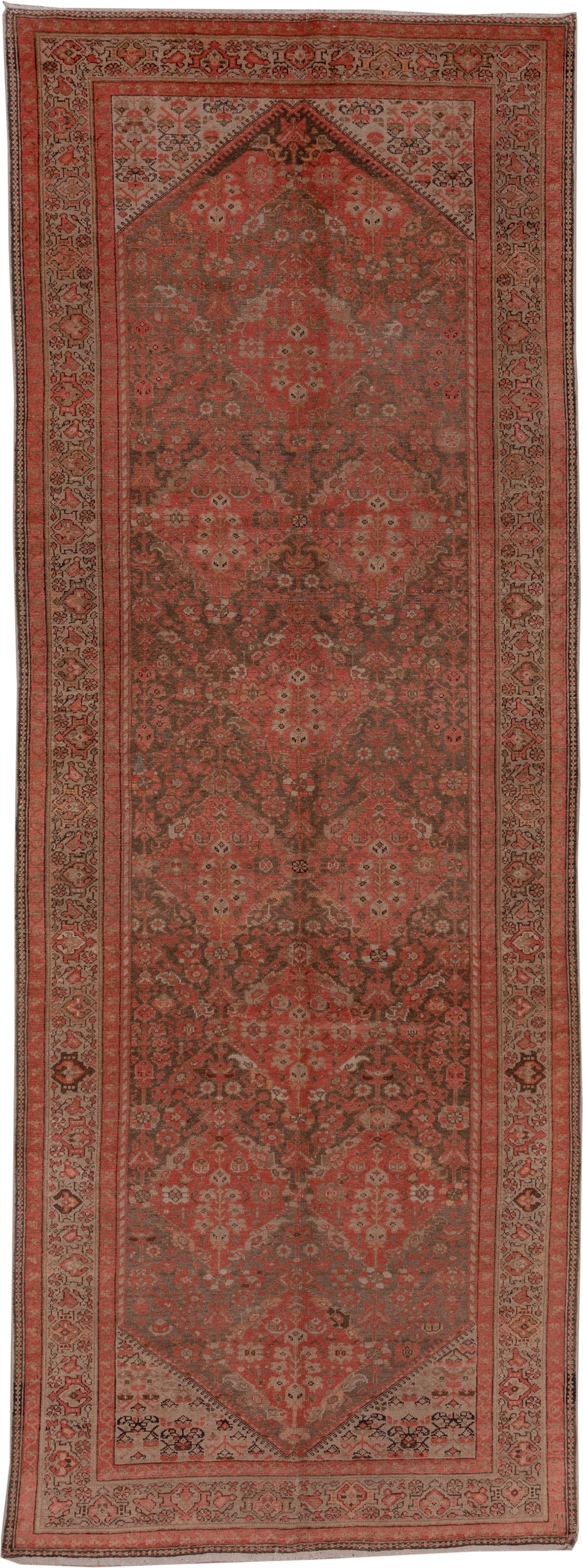 5' x 13' one-of-a-kind handmade antique Malayer rug. Color palette: rust, ivory, brown, terra cotta, charcoal, rose, taupe