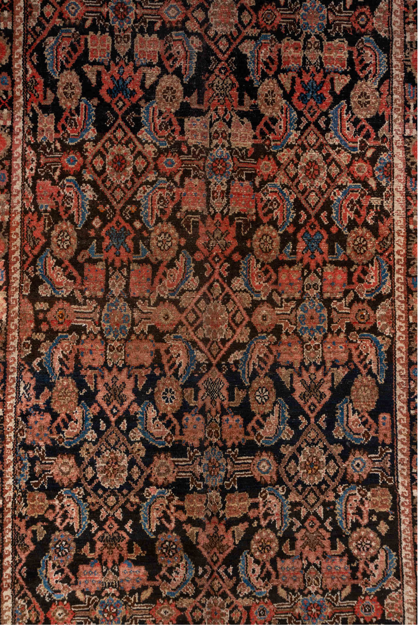 4' x 10' one-of-a-kind handmade antique Malayer runner rug. Color palette: navy, rust, camel, coral, ivory, slate