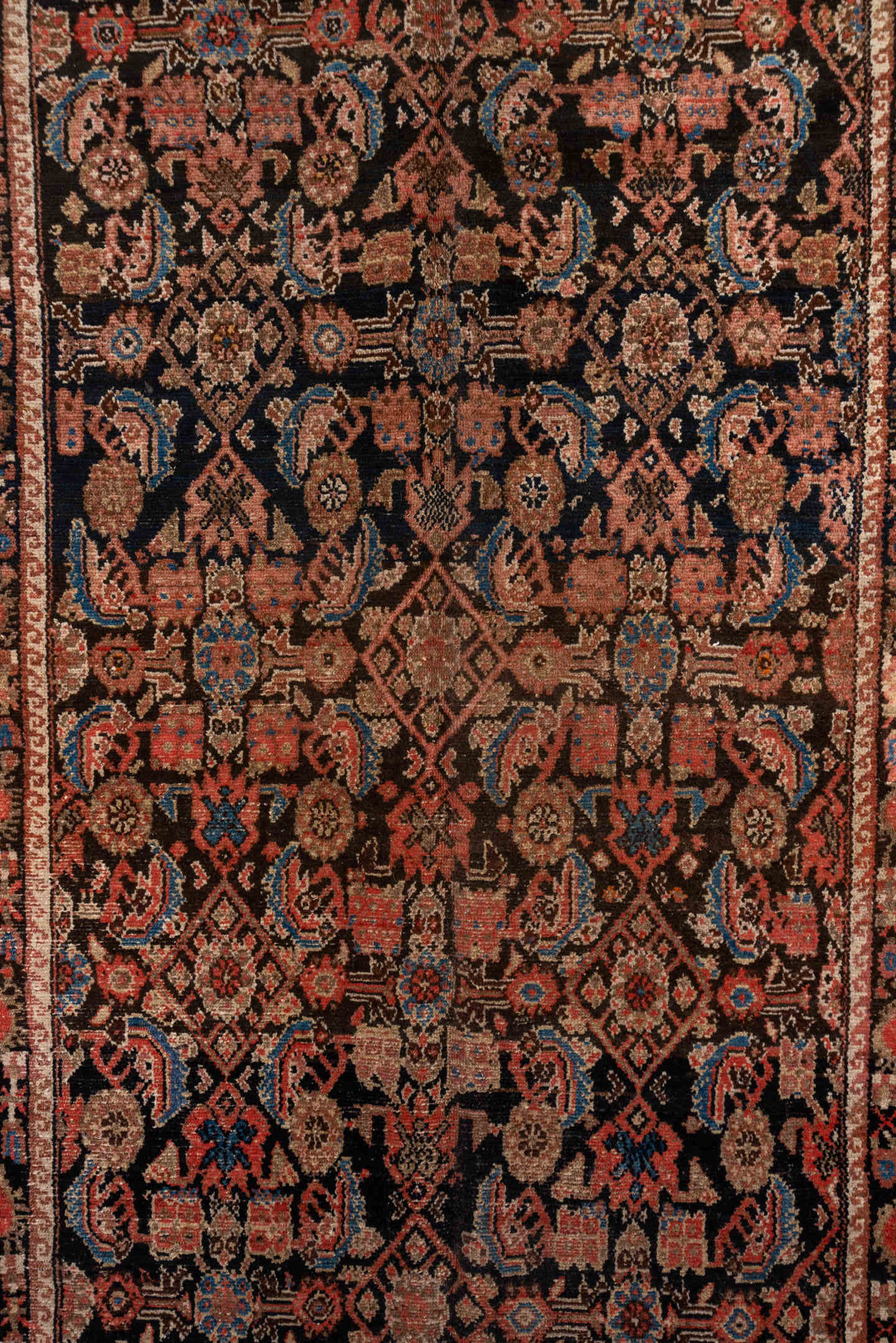 4' x 10' one-of-a-kind handmade antique Malayer runner rug. Color palette: navy, rust, camel, coral, ivory, slate