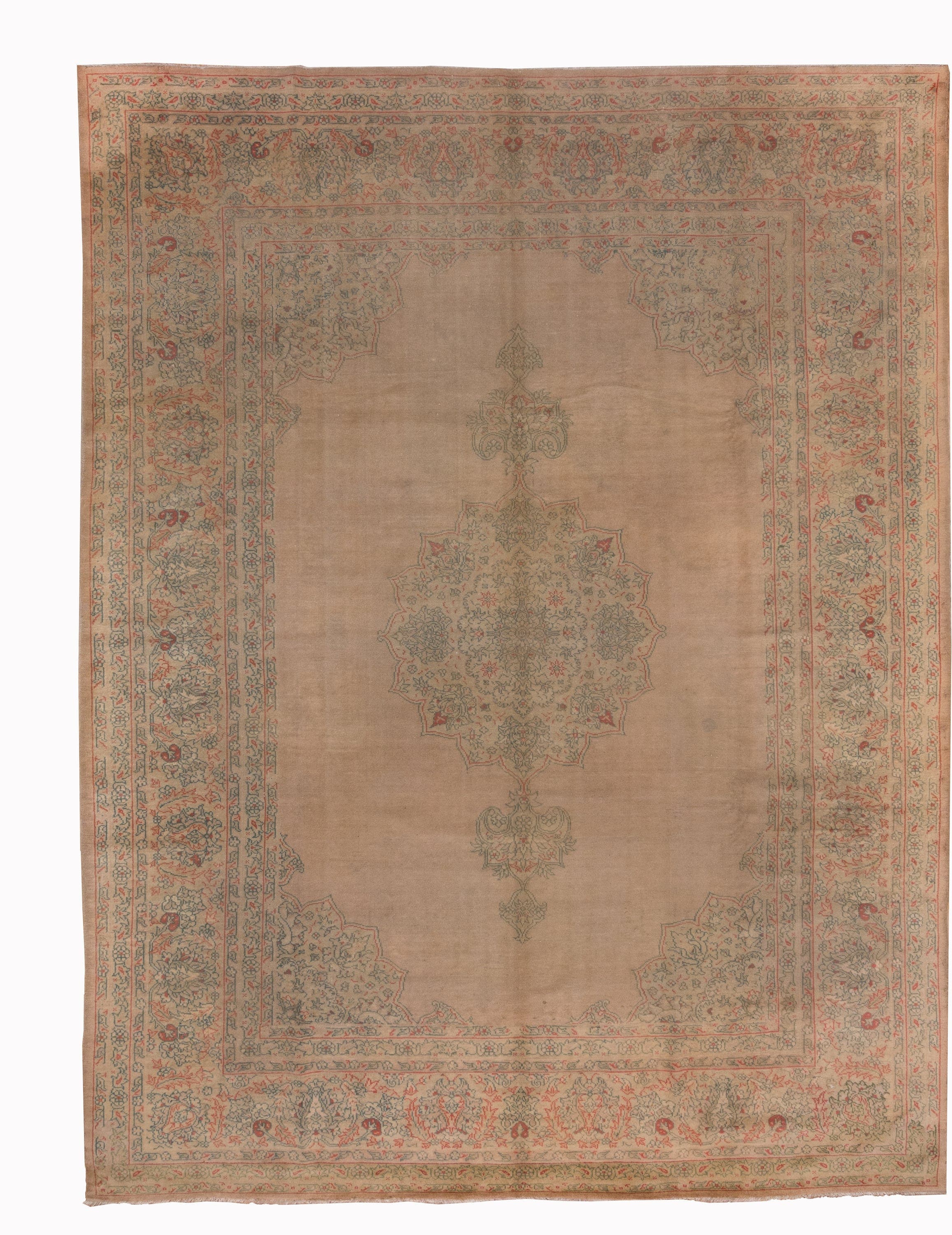 9' x 11' one-of-a-kind handmade antique Oushak large size rug. Color palette: taupe, beige, sage, coral, faded blue, ivory