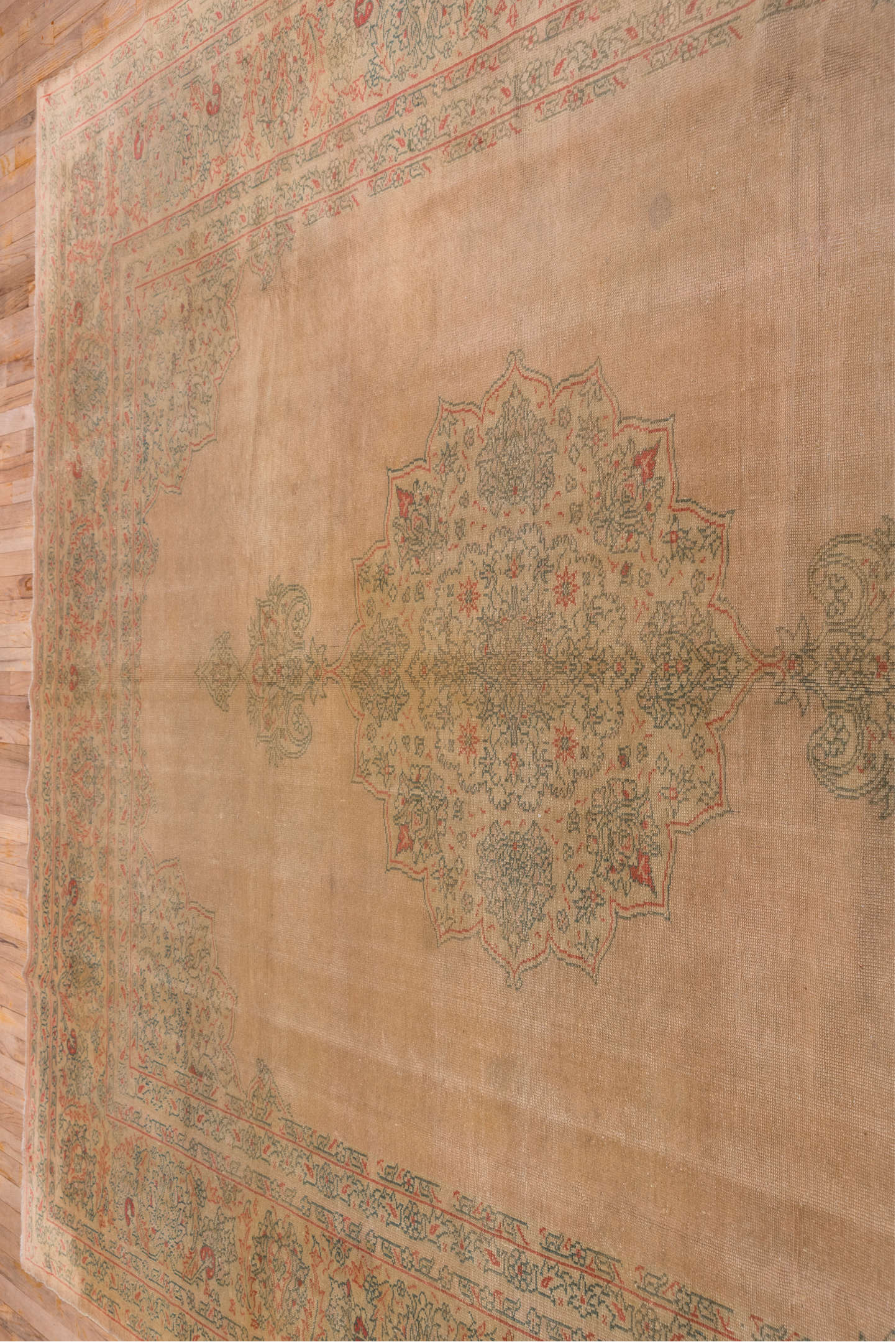 9' x 11' one-of-a-kind handmade antique Oushak large size rug. Color palette: taupe, beige, sage, coral, faded blue, ivory