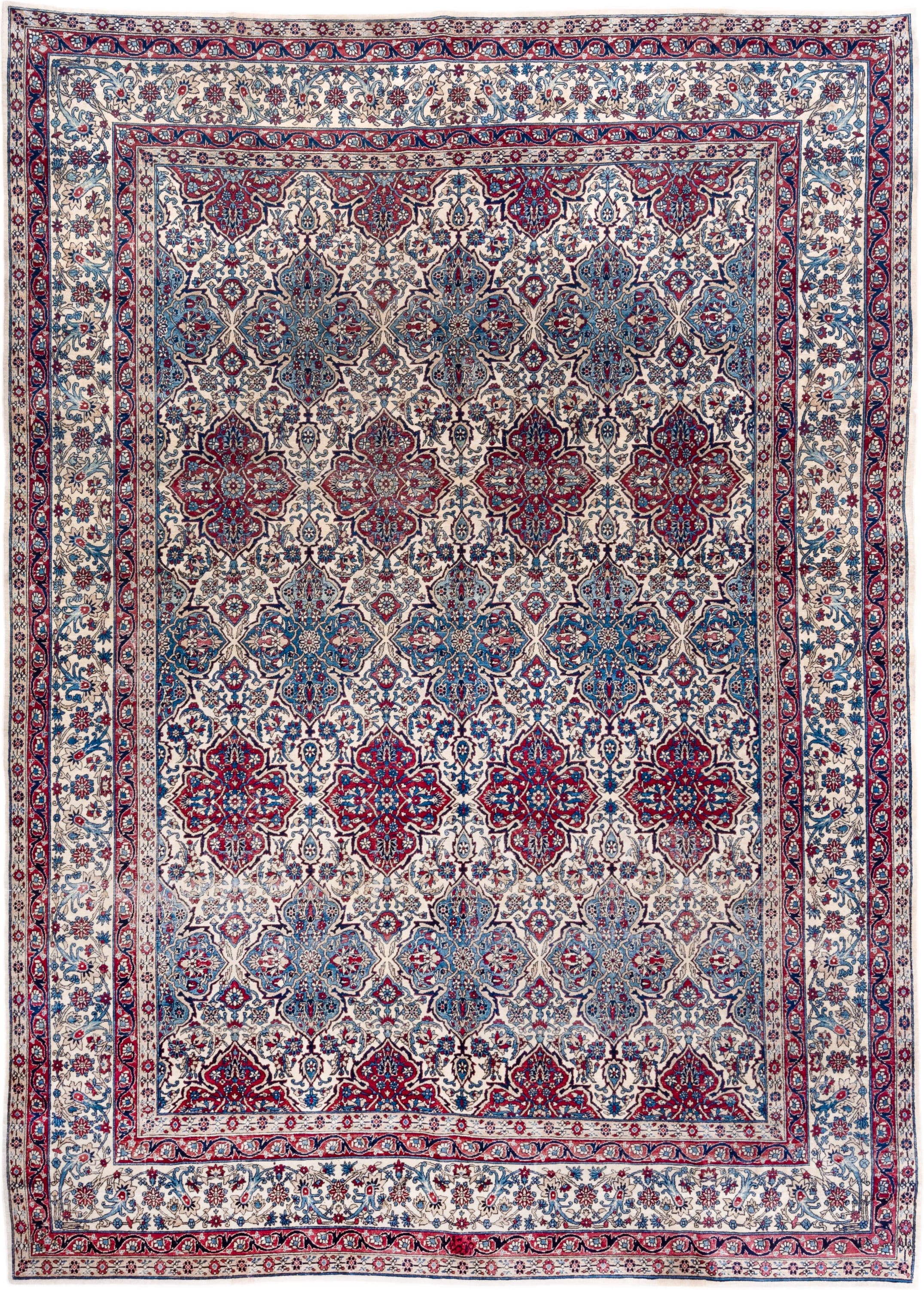 8' x 12' one-of-a-kind handmade antique Lavar large size rug. Color palette: ivory, red, blue, navy, sky_blue, rose, slate