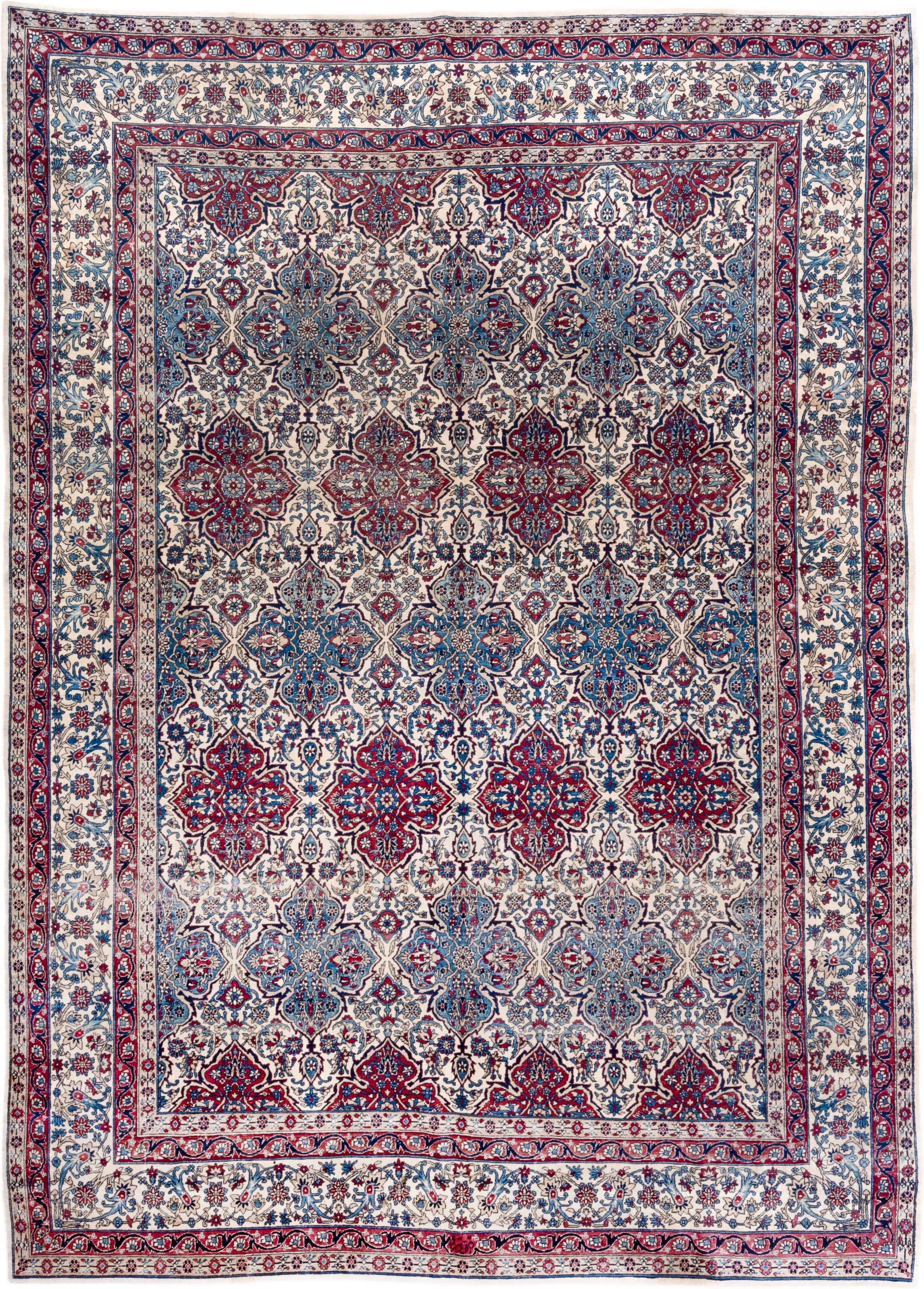 8' x 12' one-of-a-kind handmade antique Lavar large size rug. Color palette: ivory, red, blue, navy, sky_blue, rose, slate