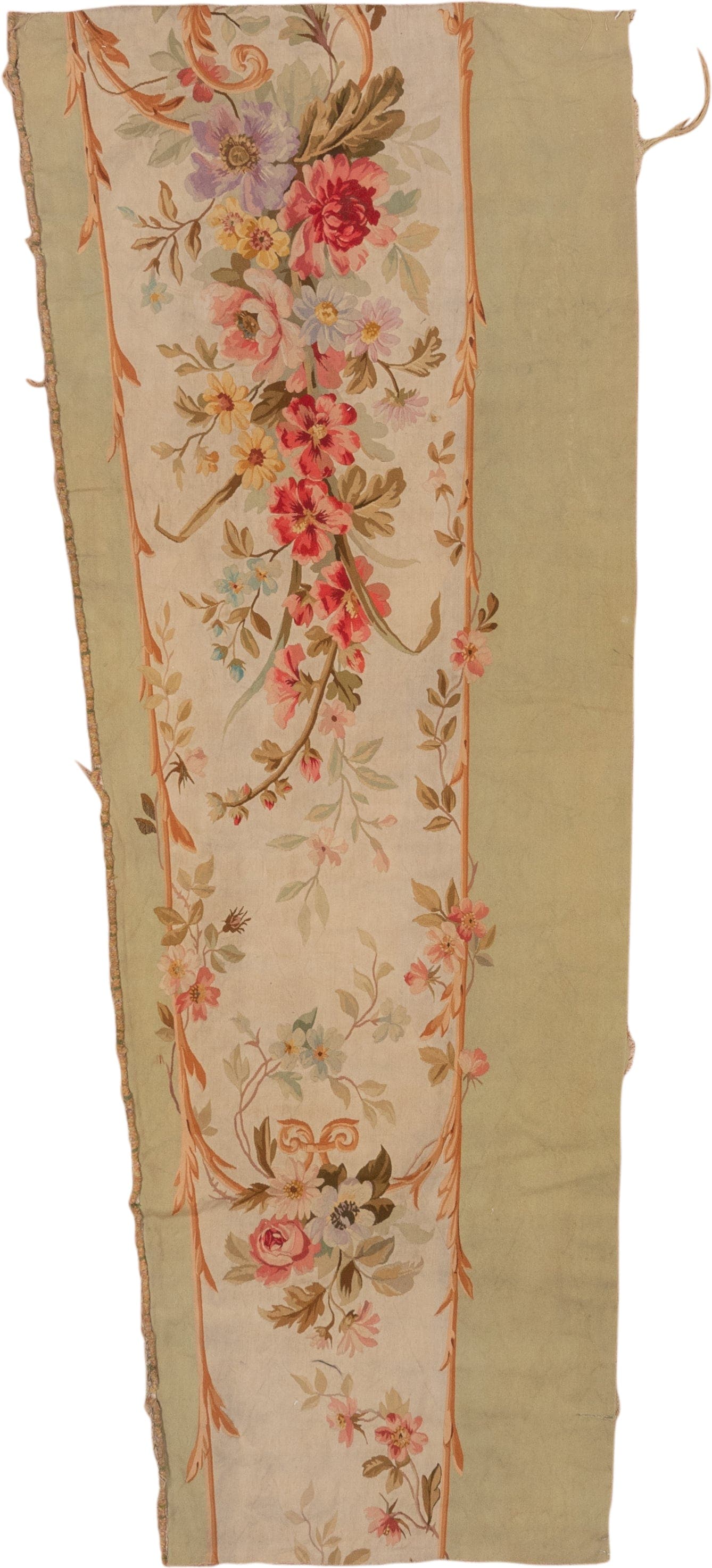2' x 7' one-of-a-kind handmade antique Aubusson runner rug. Color palette: sage, ivory, rose, coral, gold, taupe, lavender