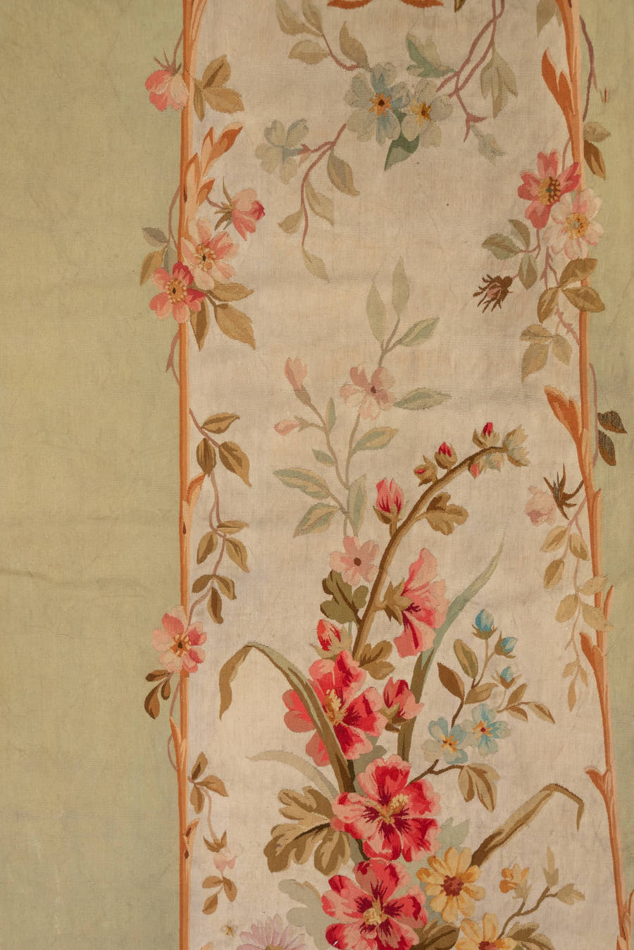 2' x 7' one-of-a-kind handmade antique Aubusson runner rug. Color palette: sage, ivory, rose, coral, gold, taupe, lavender