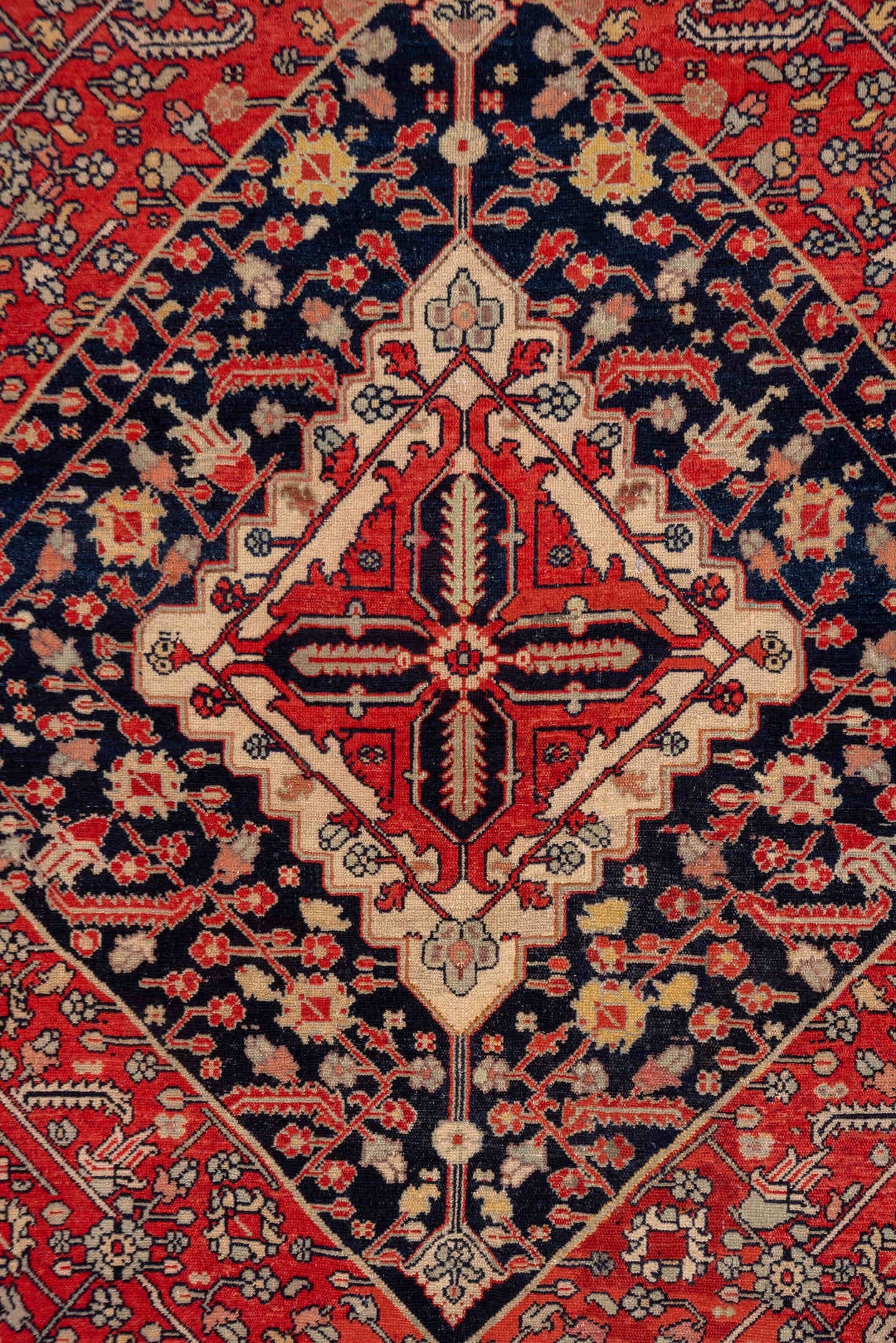 5' x 7' one-of-a-kind handmade antique Senne rug. Color palette: brick red, navy, ivory, rust, camel, charcoal, rose, taupe