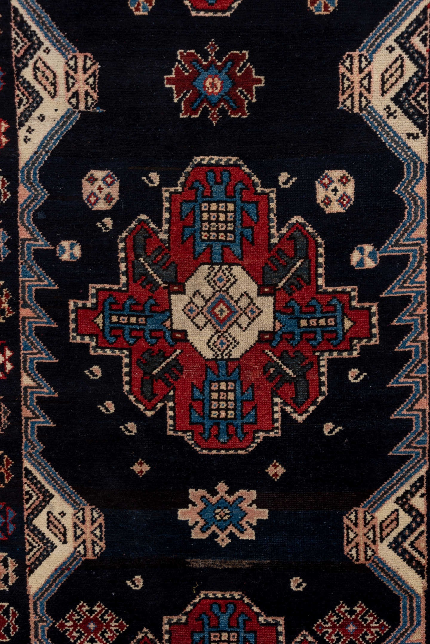 3' x 8' one-of-a-kind handmade antique Malayer runner rug. Color palette: navy, rust, ivory, sky blue, crimson, camel