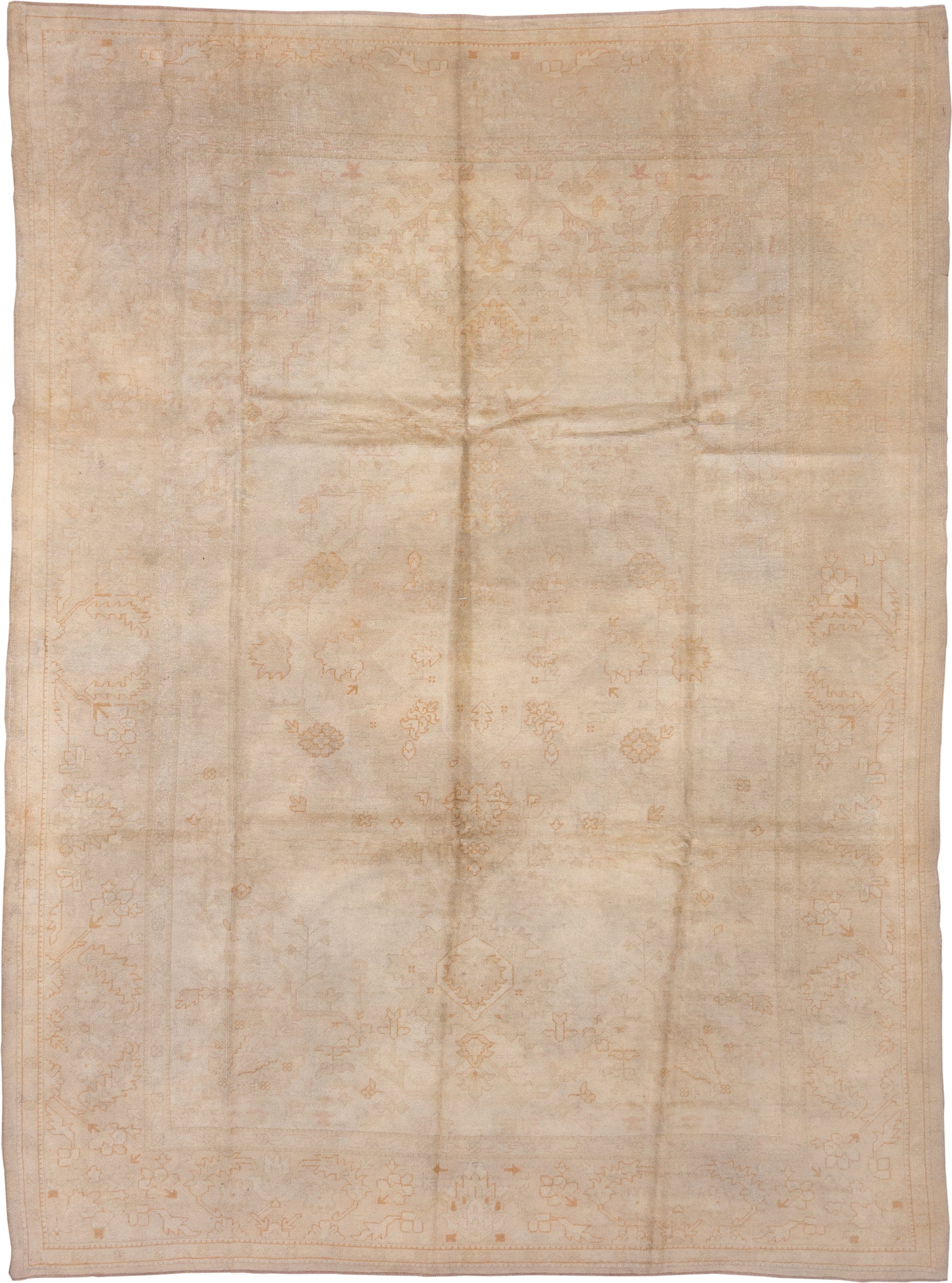 9' x 13' one-of-a-kind handmade antique Oushak large size rug. Color palette: ivory, beige, cream, pale peach, taupe