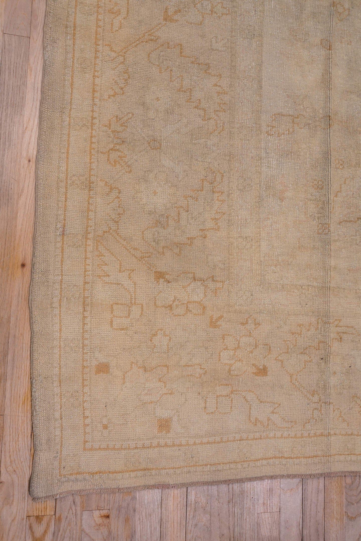 9' x 13' one-of-a-kind handmade antique Oushak large size rug. Color palette: ivory, beige, cream, pale peach, taupe