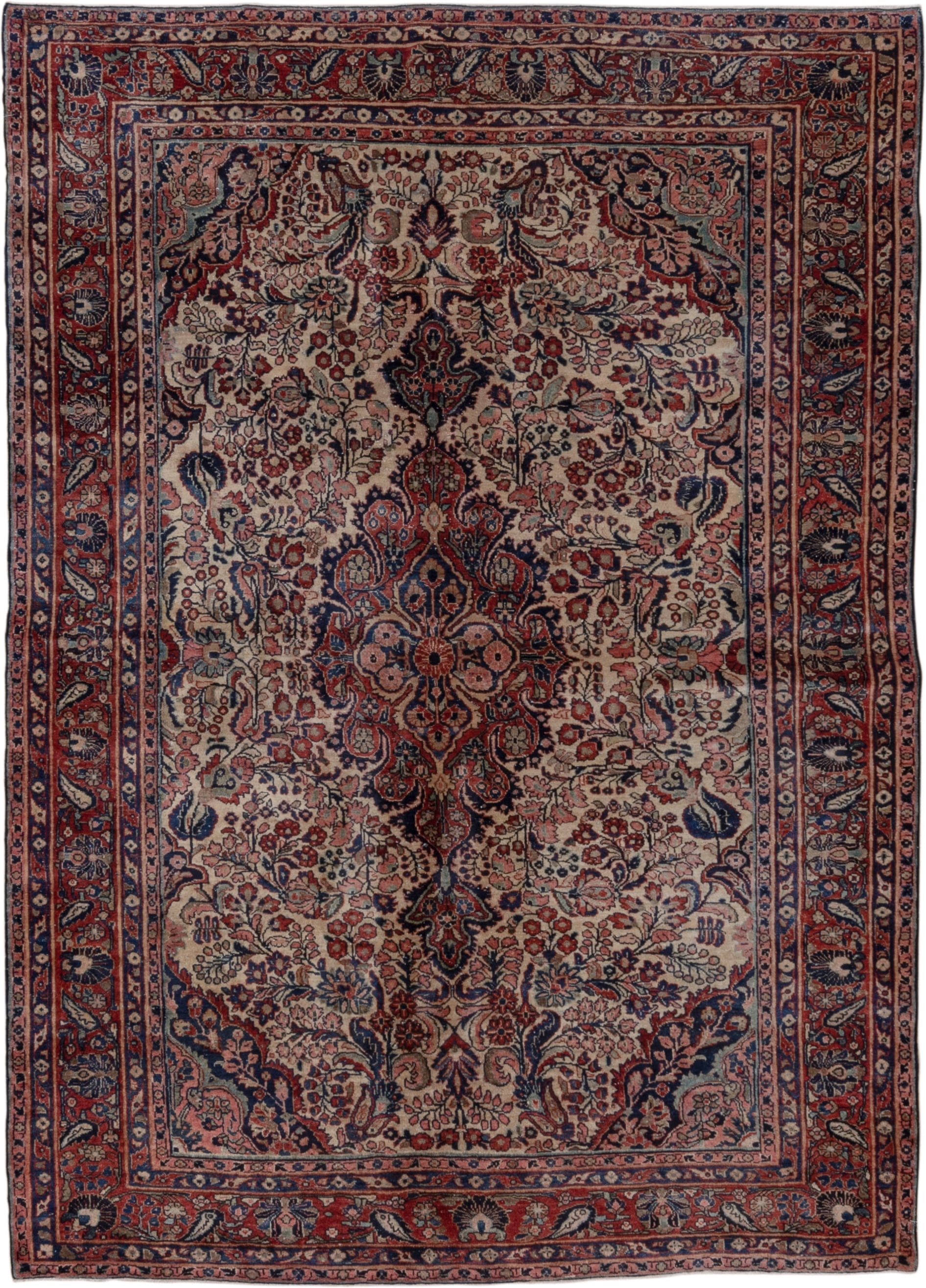 5' x 7' one-of-a-kind handmade antique Sarouk rug. Color palette: ivory, rust, navy, rose, soft blue, burgundy, taupe