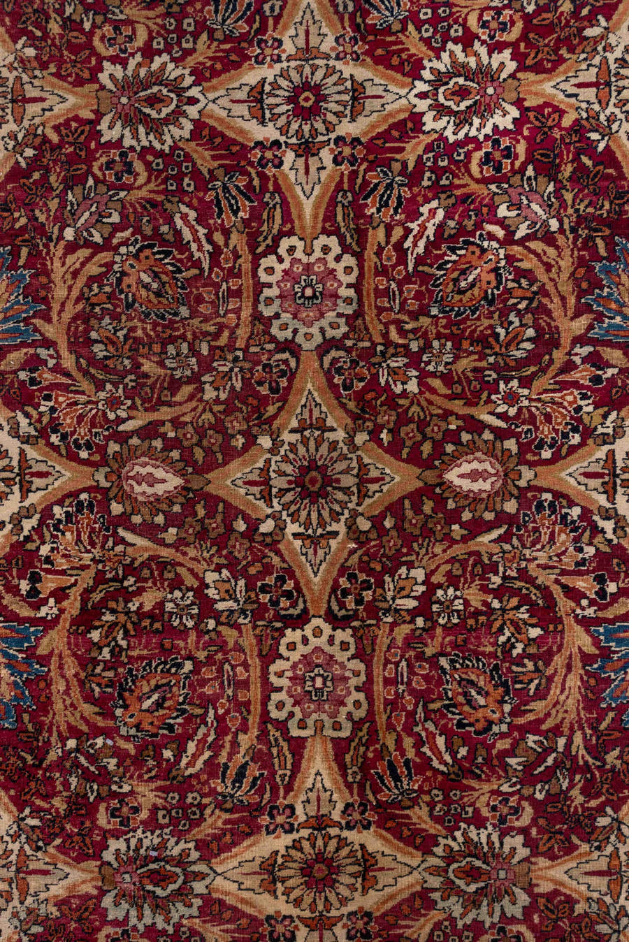 8' x 12' one-of-a-kind handmade antique Lavar large size rug. Color palette: rust, ivory, navy, rose, camel, sienna, slate