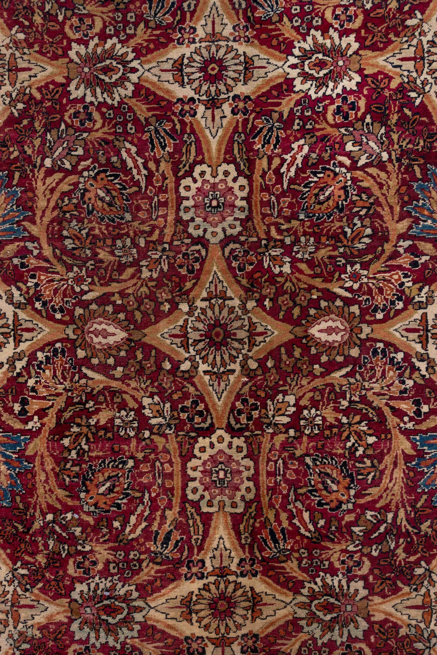 8' x 12' one-of-a-kind handmade antique Lavar large size rug. Color palette: rust, ivory, navy, rose, camel, sienna, slate