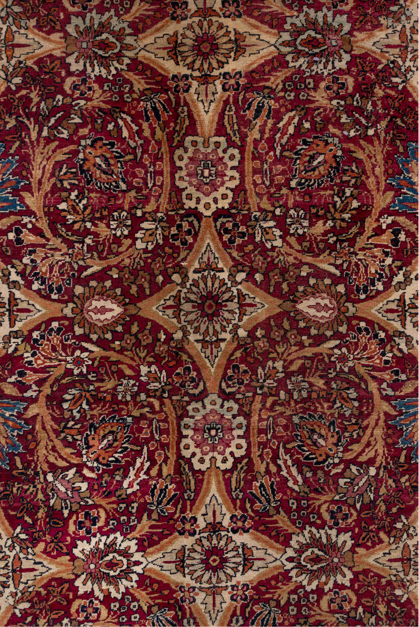 8' x 12' one-of-a-kind handmade antique Lavar large size rug. Color palette: rust, ivory, navy, rose, camel, sienna, slate