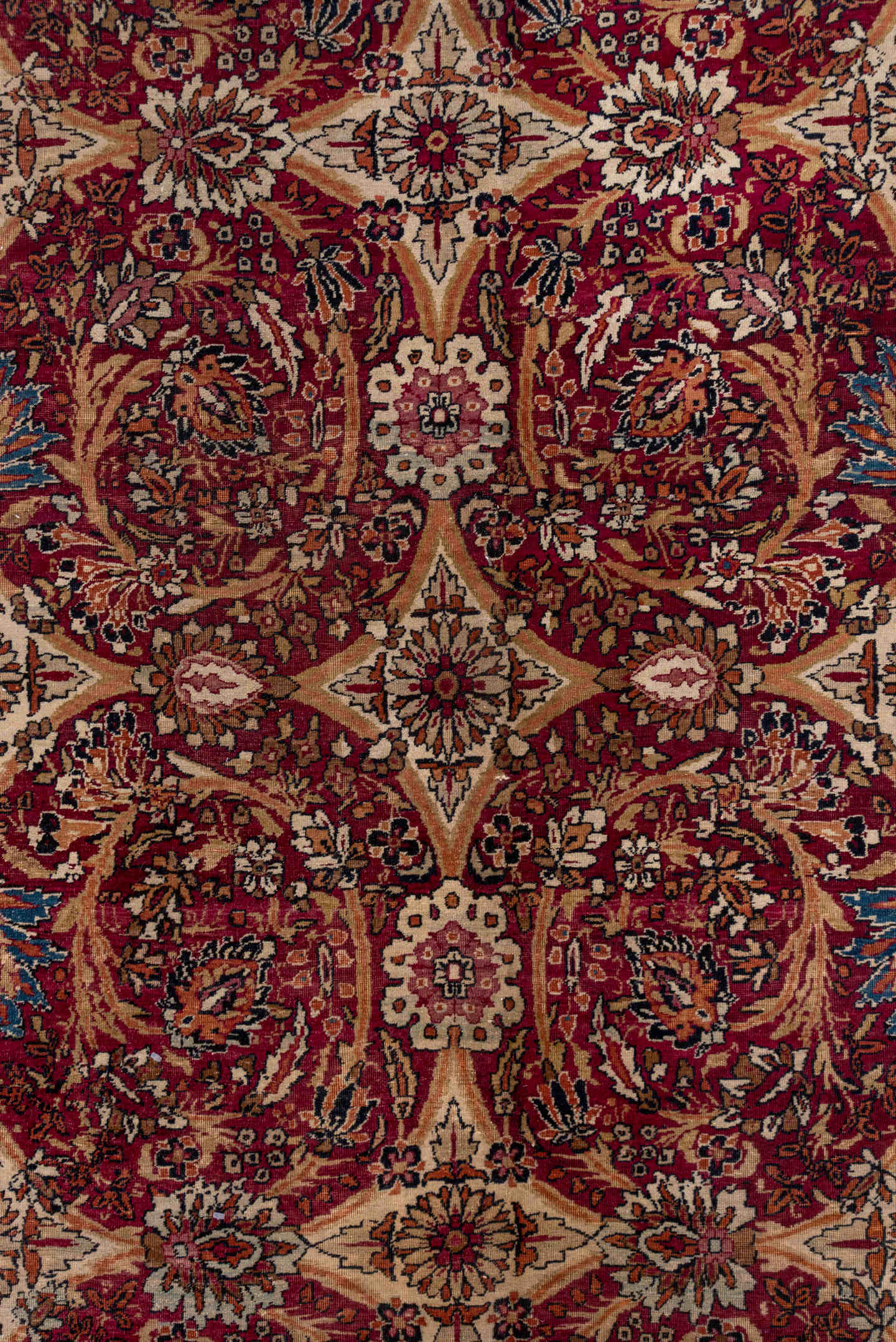 8' x 12' one-of-a-kind handmade antique Lavar large size rug. Color palette: rust, ivory, navy, rose, camel, sienna, slate