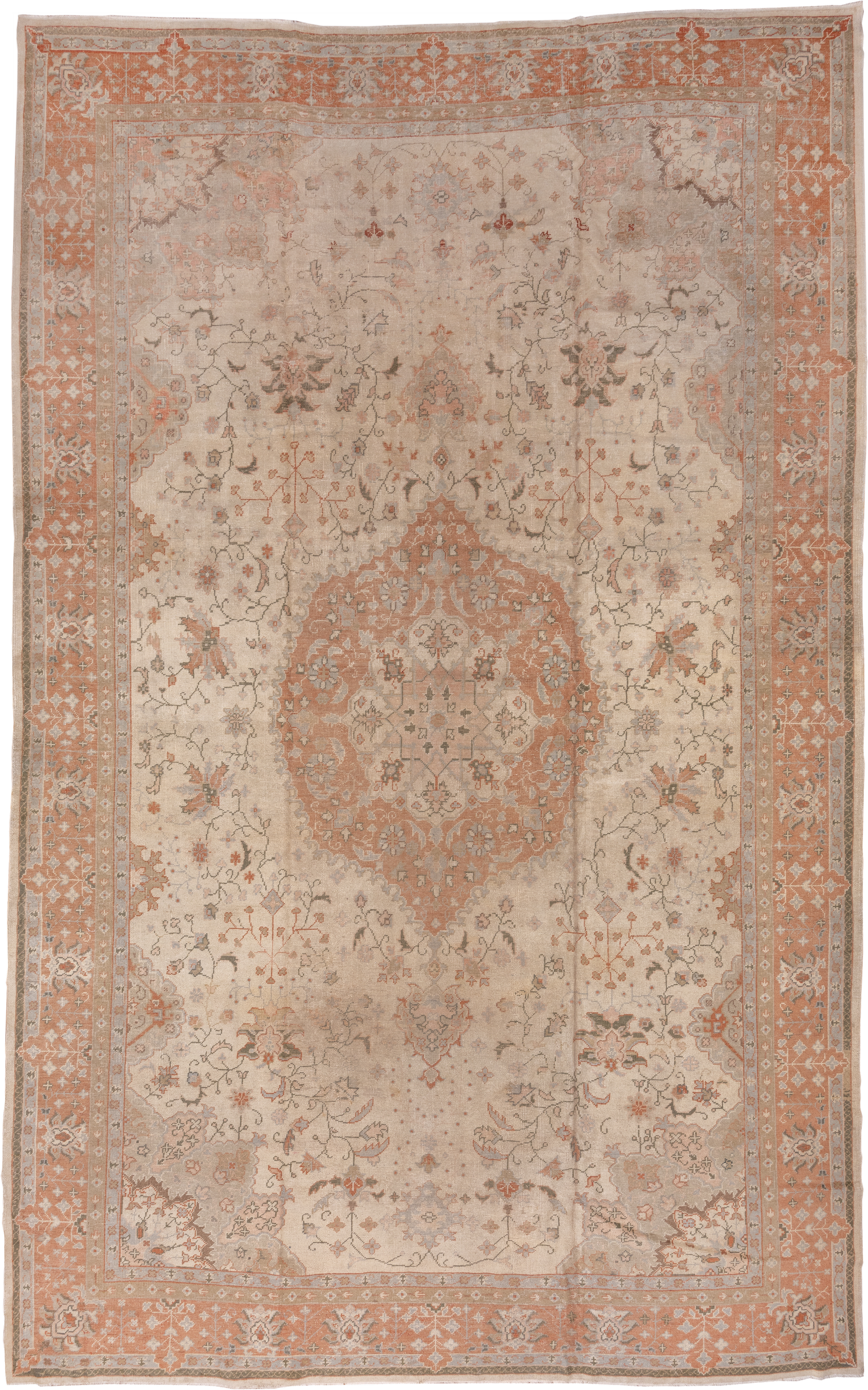 13' x 20' one-of-a-kind handmade antique Oushak oversize rug. Color palette: ivory, peach, taupe, sage, camel, terracotta