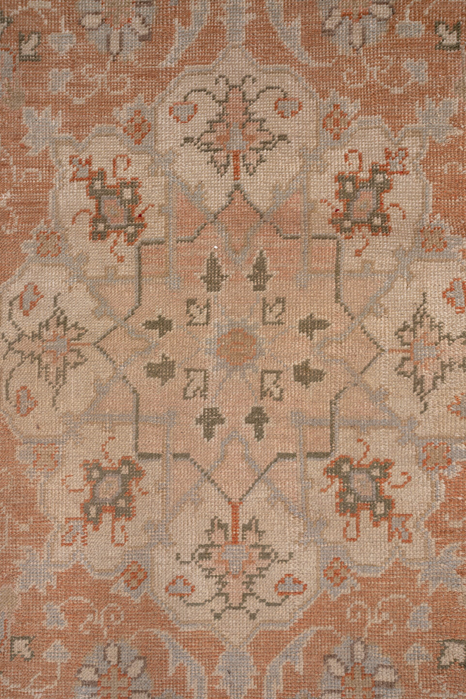 13' x 20' one-of-a-kind handmade antique Oushak oversize rug. Color palette: ivory, peach, taupe, sage, camel, terracotta