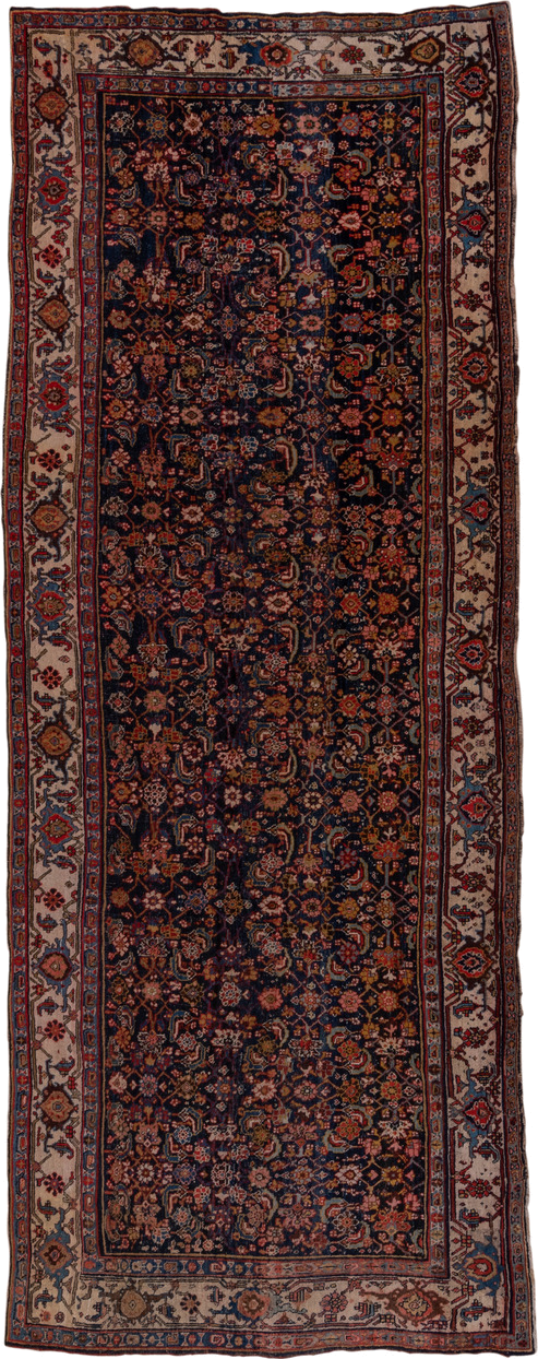 4' x 12' one-of-a-kind handmade antique Bidjar runner rug. Color palette: navy, ivory, rust, terracotta, indigo, camel, rose