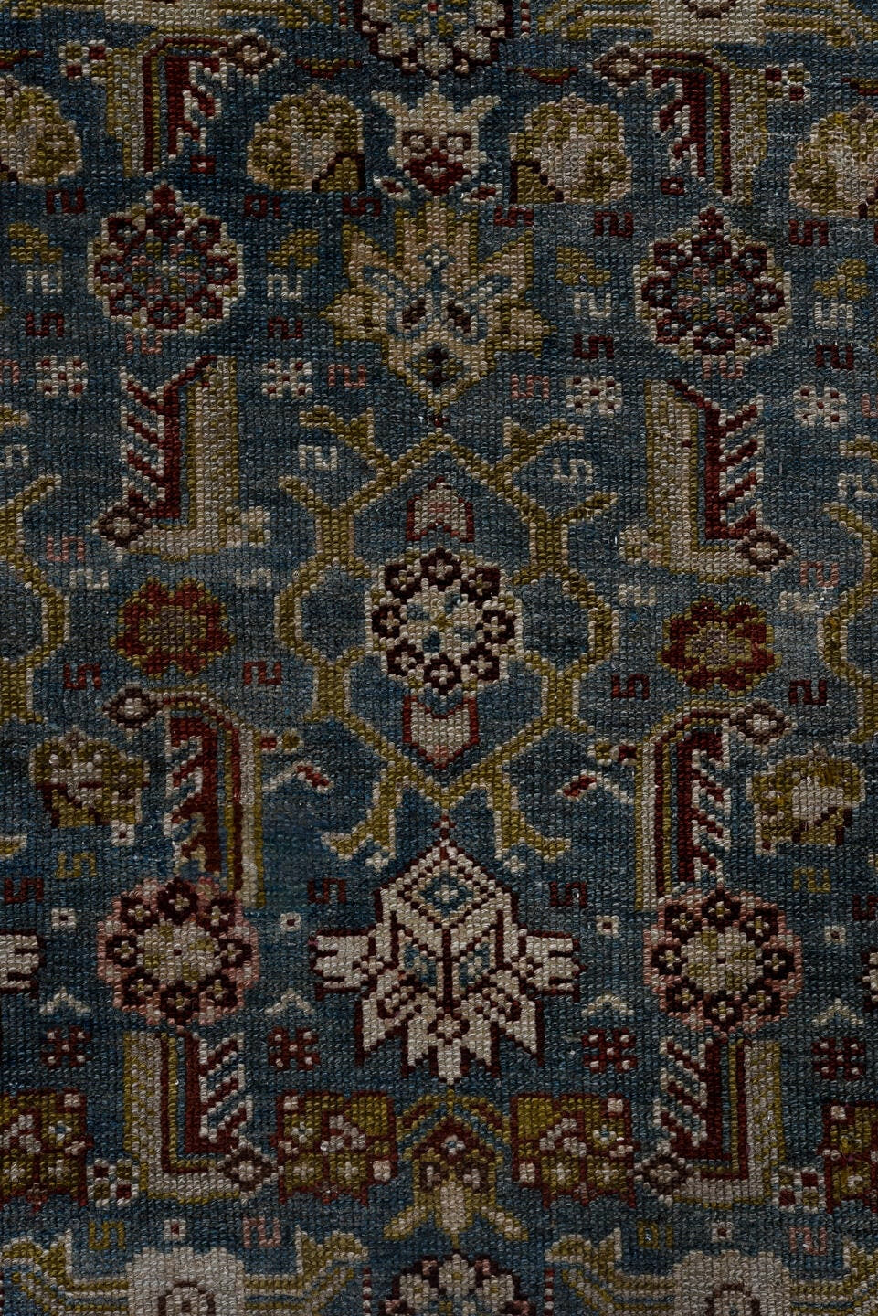 3' x 16' one-of-a-kind handmade antique Malayer runner rug. Color palette: blue, ivory, rust, navy, brown, sage, gold