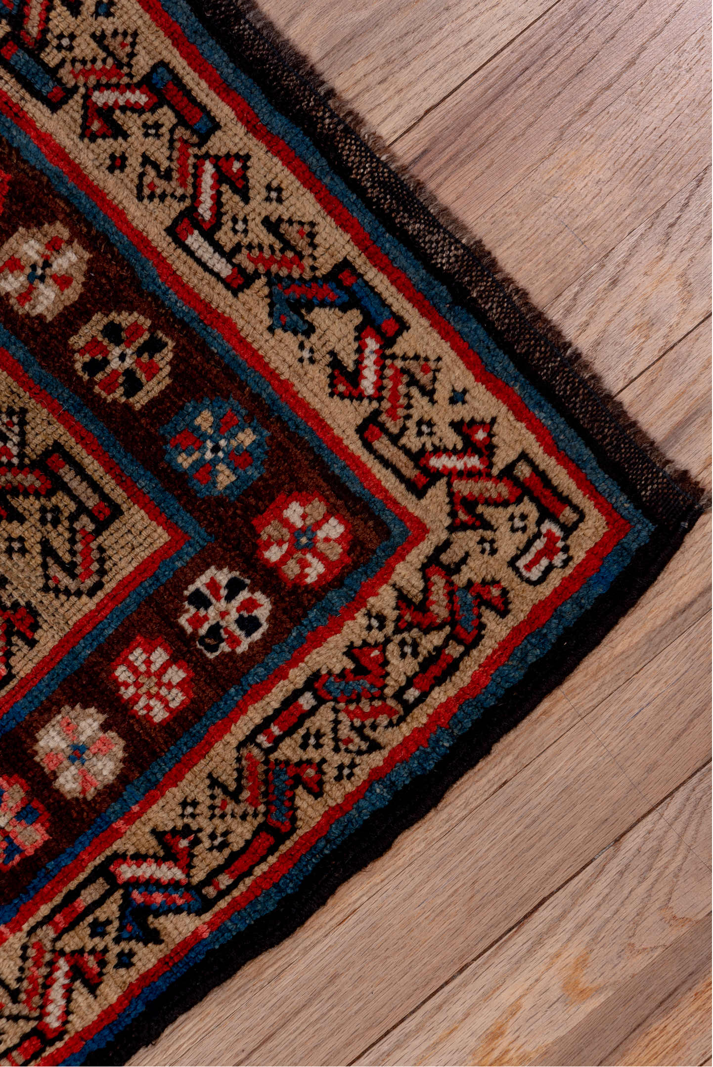 3' x 11' one-of-a-kind handmade antique Kurd runner rug. Color palette: navy, ivory, rust, crimson, camel, slate, blue