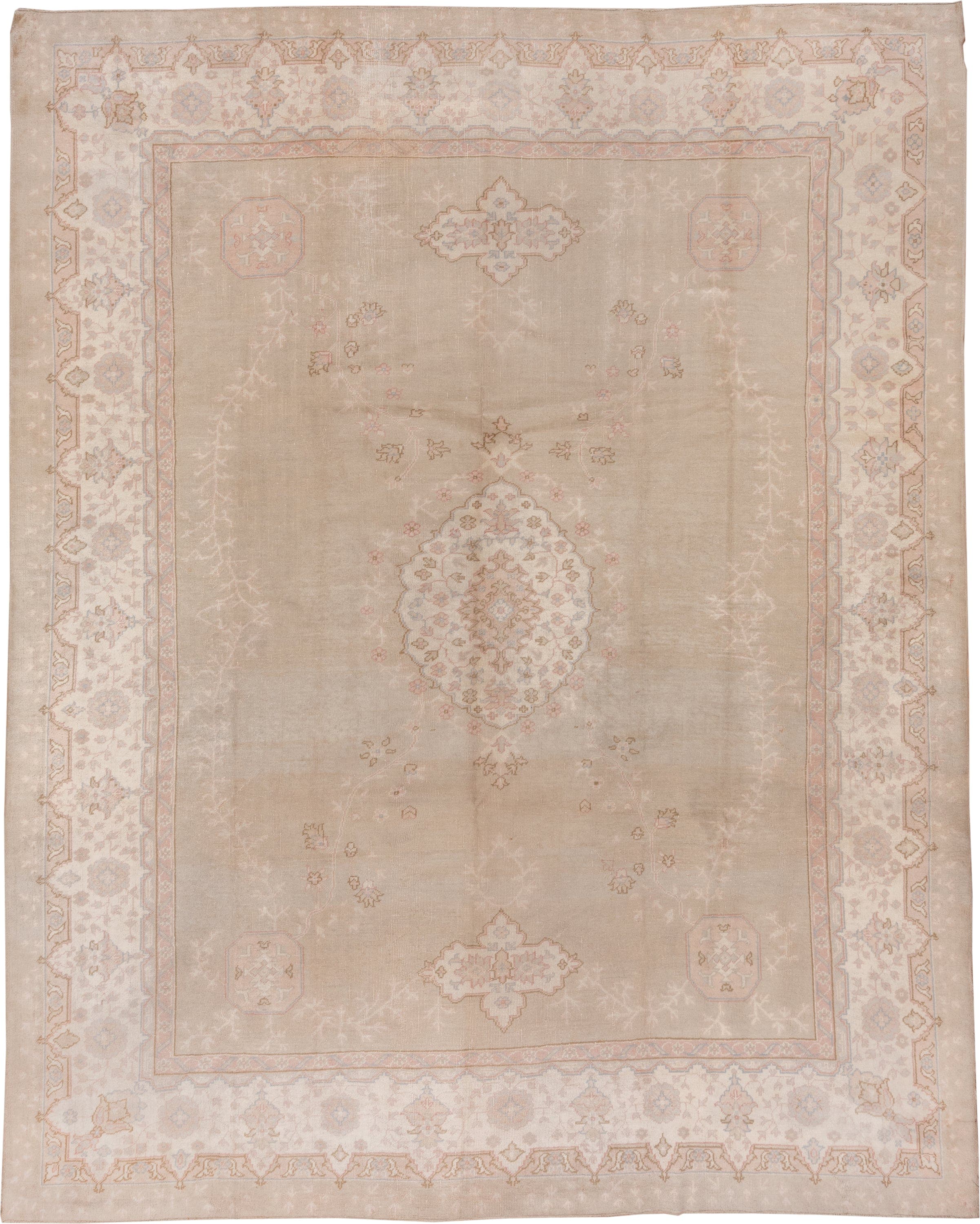 11' x 14' one-of-a-kind handmade antique Oushak oversize rug. Color palette: taupe, ivory, blush, pale blue, beige, sand
