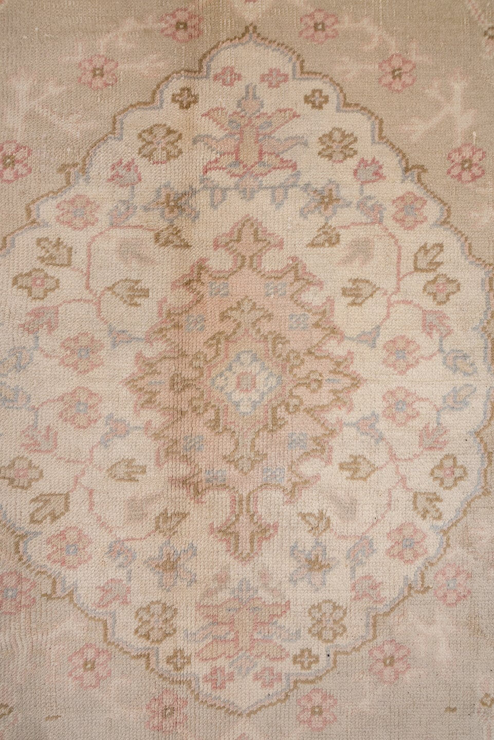 11' x 14' one-of-a-kind handmade antique Oushak oversize rug. Color palette: taupe, ivory, blush, pale blue, beige, sand