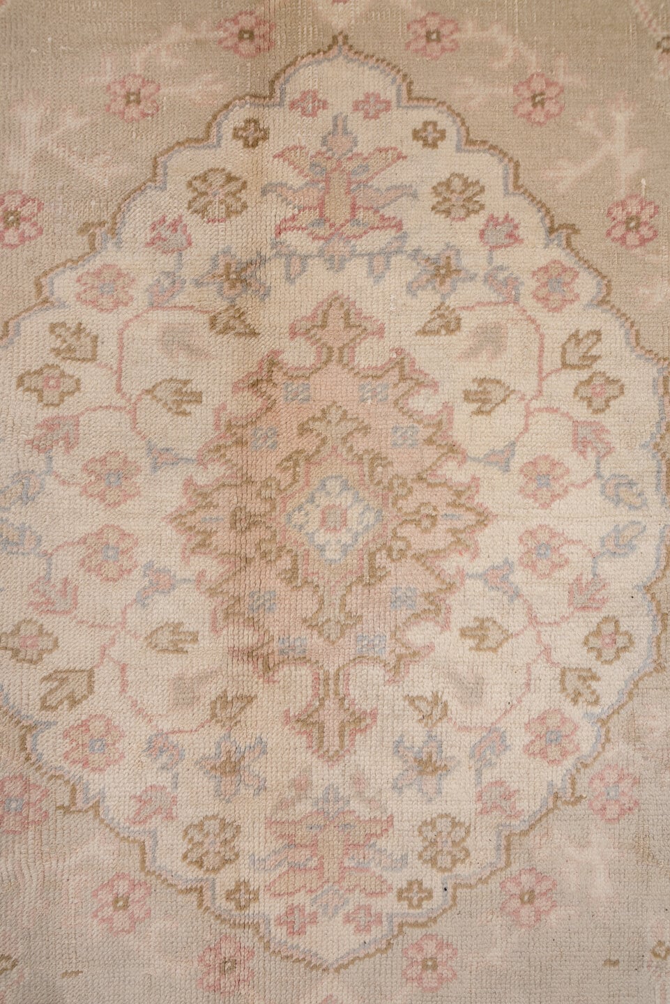 11' x 14' one-of-a-kind handmade antique Oushak oversize rug. Color palette: taupe, ivory, blush, pale blue, beige, sand