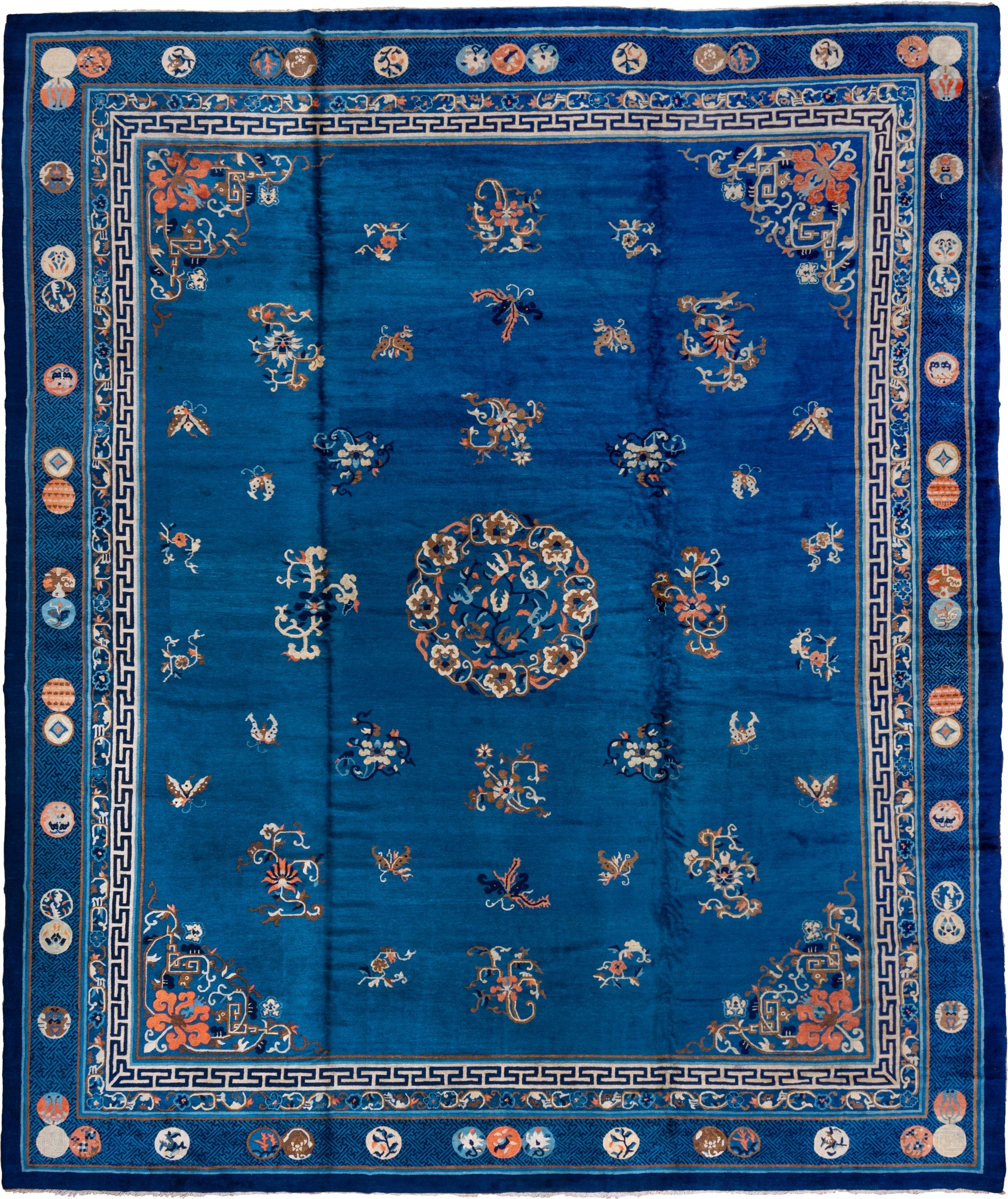 14' x 17' one-of-a-kind handmade antique Chinese oversize rug. Color palette: cobalt, ivory, navy, coral, camel, slate