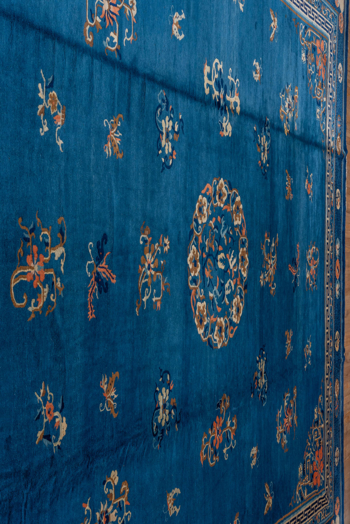 14' x 17' one-of-a-kind handmade antique Chinese oversize rug. Color palette: cobalt, ivory, navy, coral, camel, slate