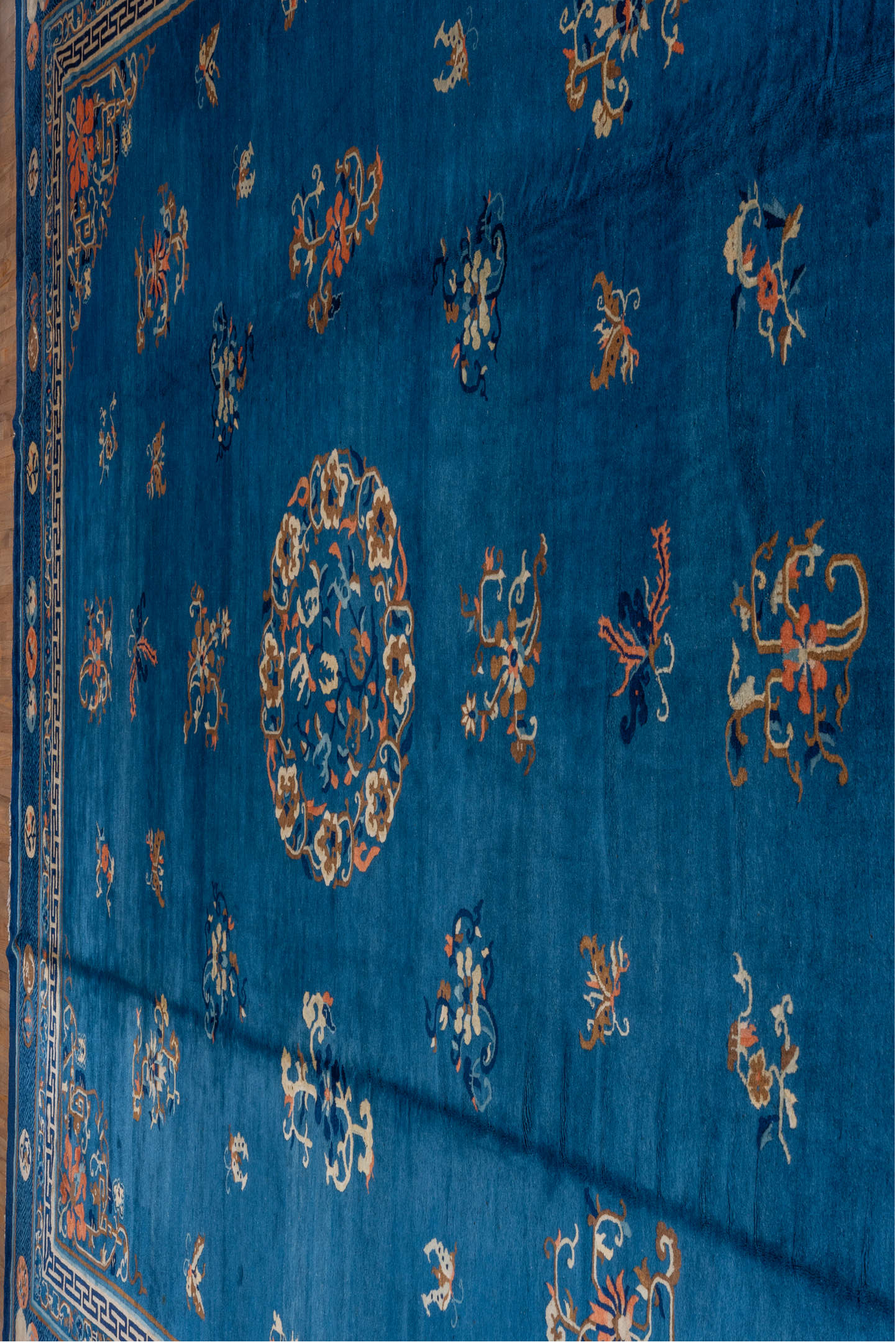 14' x 17' one-of-a-kind handmade vintage Chinese oversize rug. Color palette: blue, brown, dark gray, gray, light gray