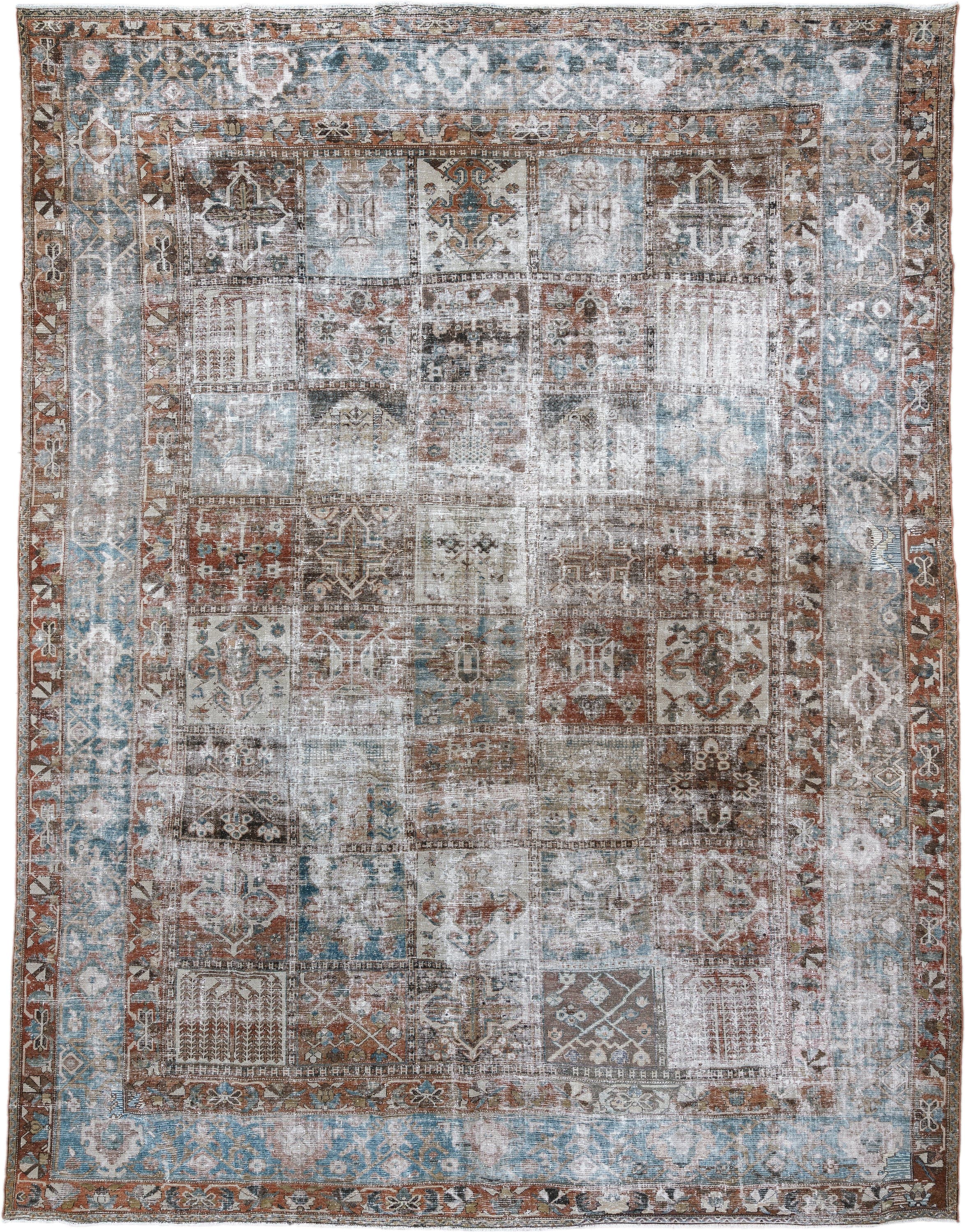 12' x 15' one-of-a-kind handmade antique Baktiary oversize rug. Color palette: sky blue, terracotta, ivory, taupe, slate