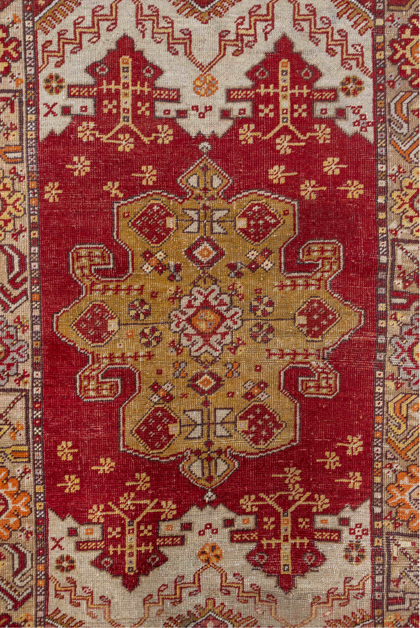 3' x 5' one-of-a-kind handmade vintage Oushak small size rug. Color palette: brown, fire brick, maroon, off-white, orange