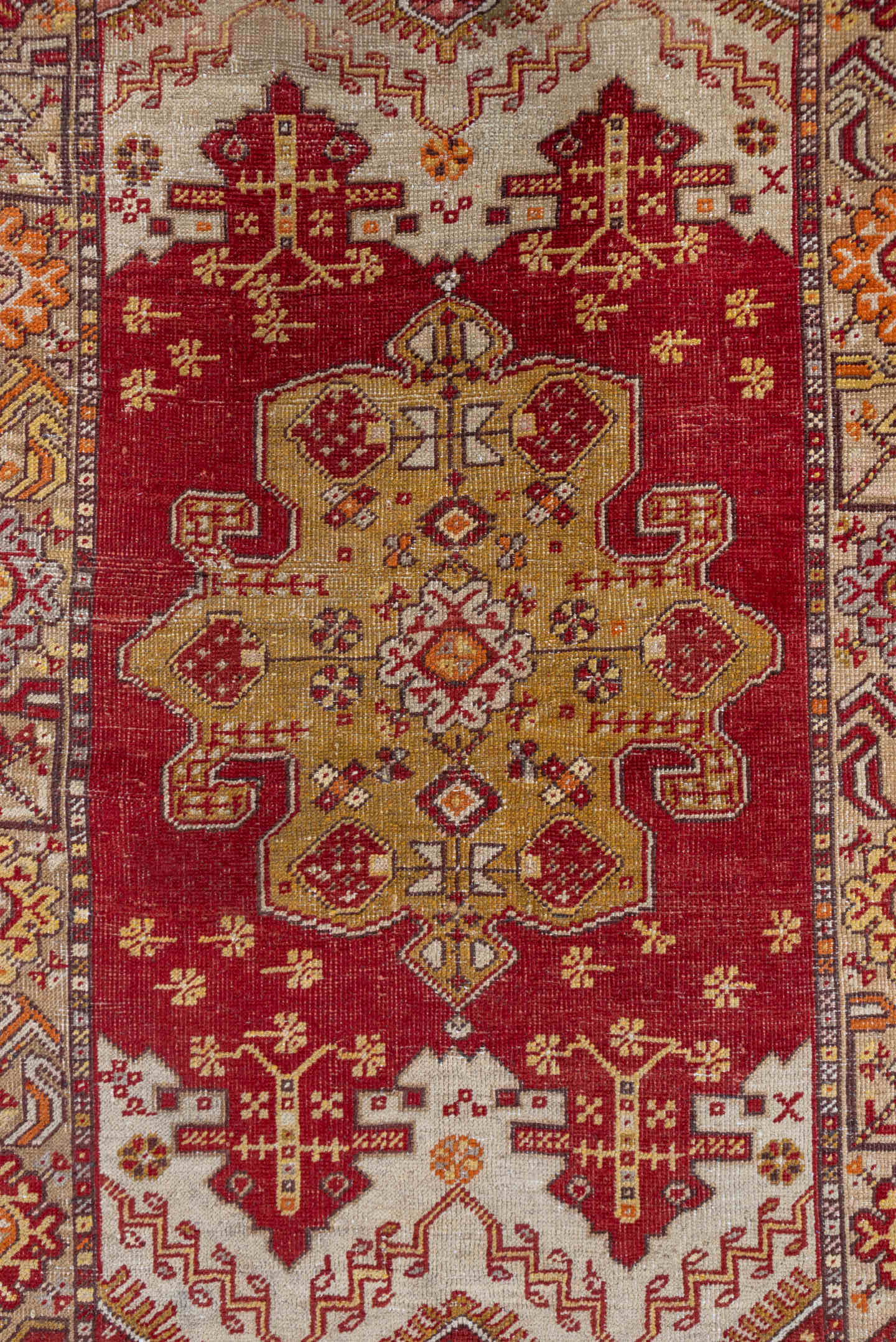 3' x 5' one-of-a-kind handmade vintage Oushak small size rug. Color palette: red, ivory, camel, rust, terra cotta, gold