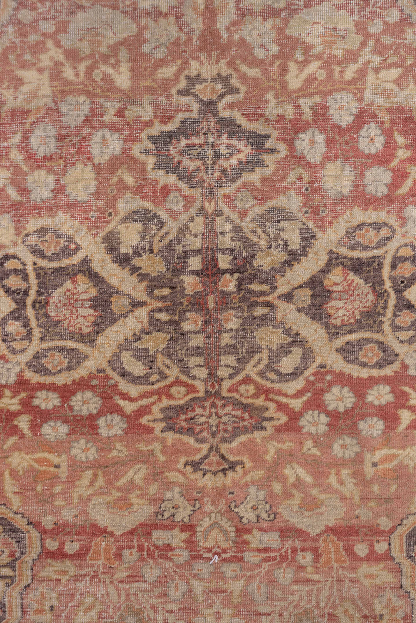 5' x 7' one-of-a-kind handmade vintage Oushak rug. Color palette: terracotta, gold, ivory, taupe, charcoal, rose, sage