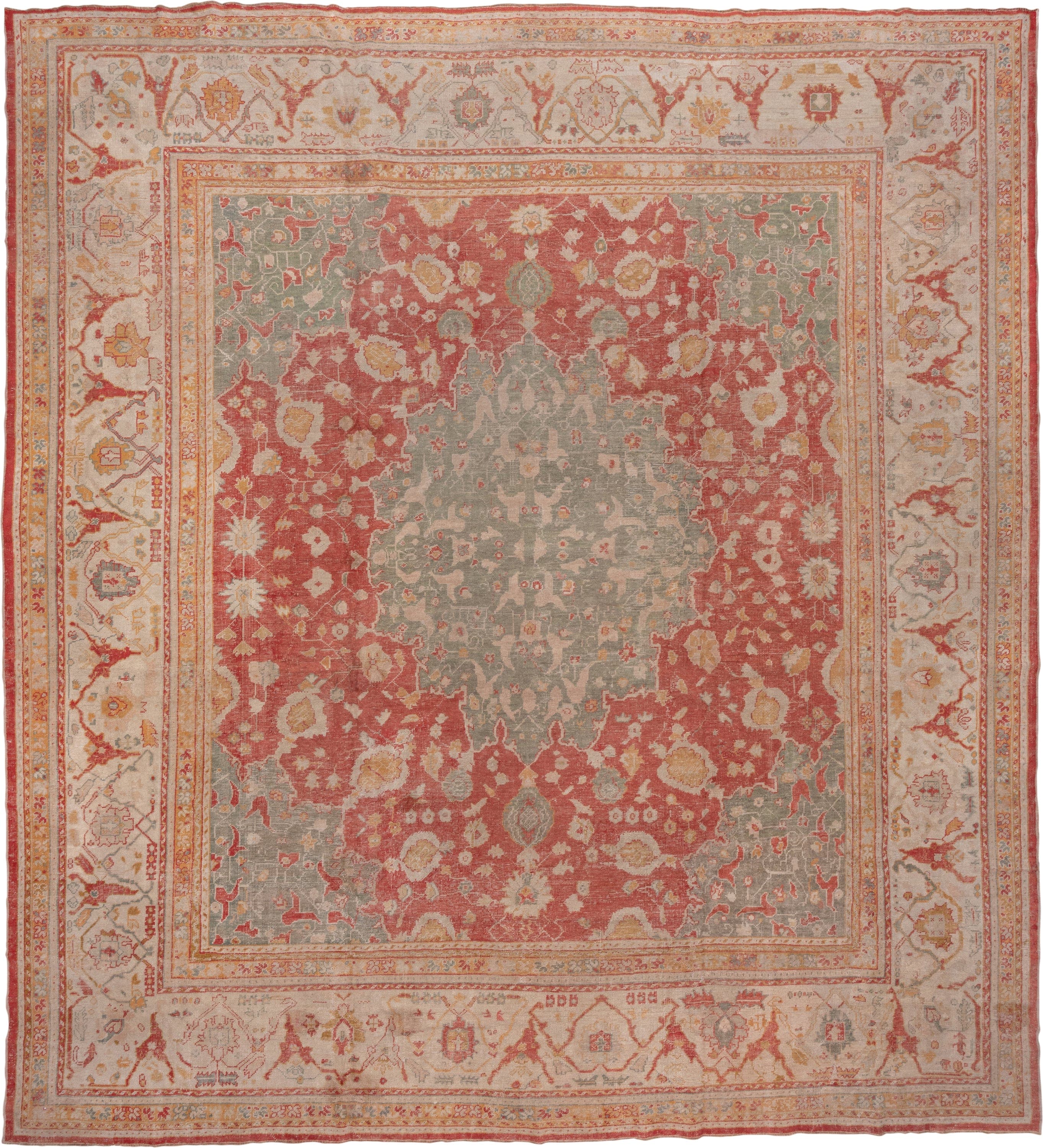 16' x 17' one-of-a-kind handmade vintage Oushak oversize rug. Color palette: coral, ivory, sage, gold, terra cotta, beige
